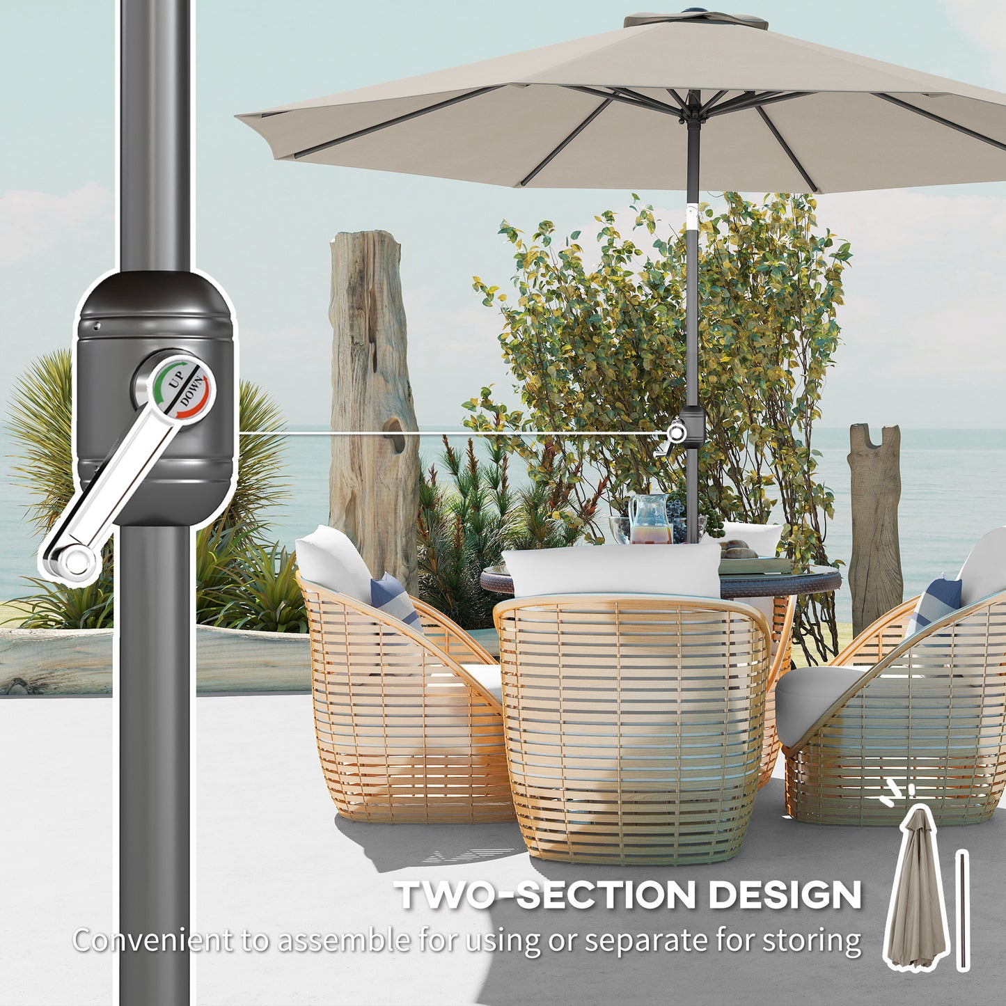 3(m) Tilting Parasol Garden Umbrellas, Outdoor Sun Shade with 8 Ribs