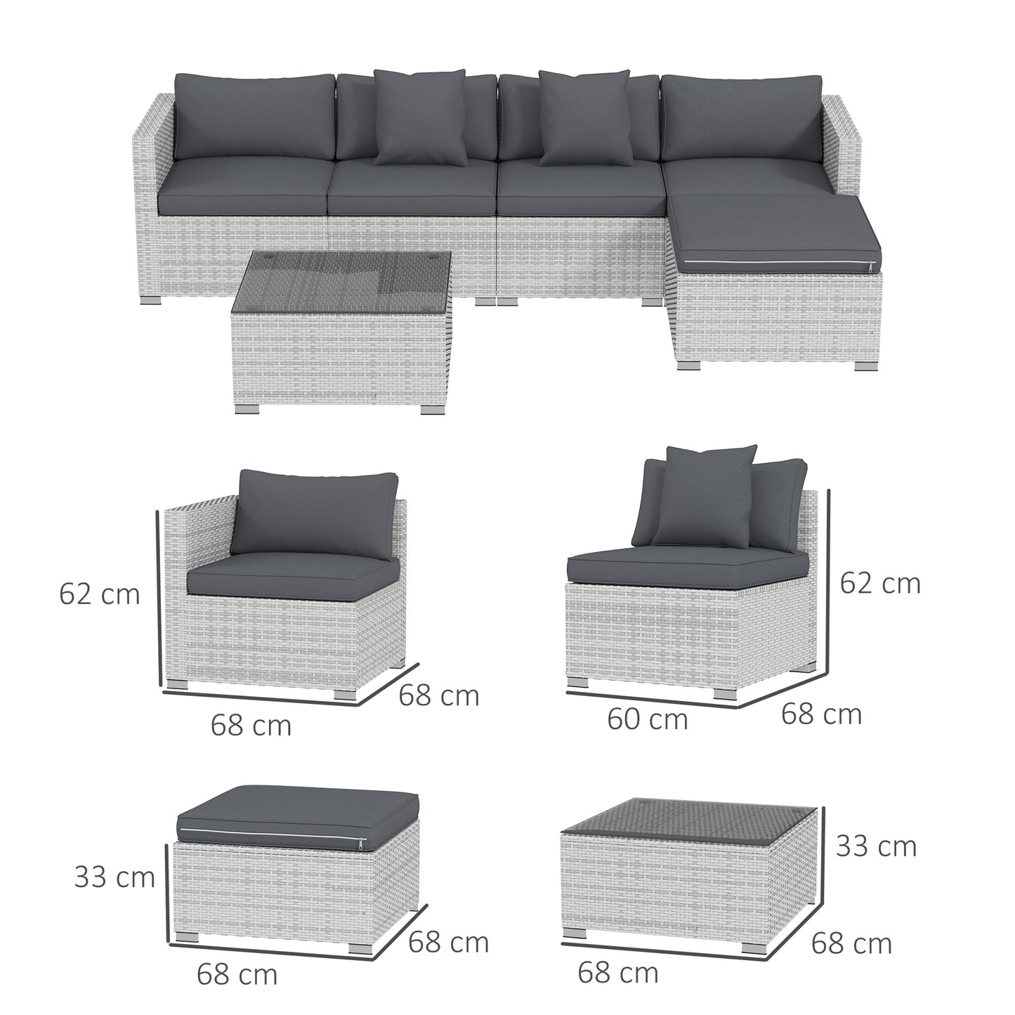 6 Pieces Rattan Corner Sofa Set