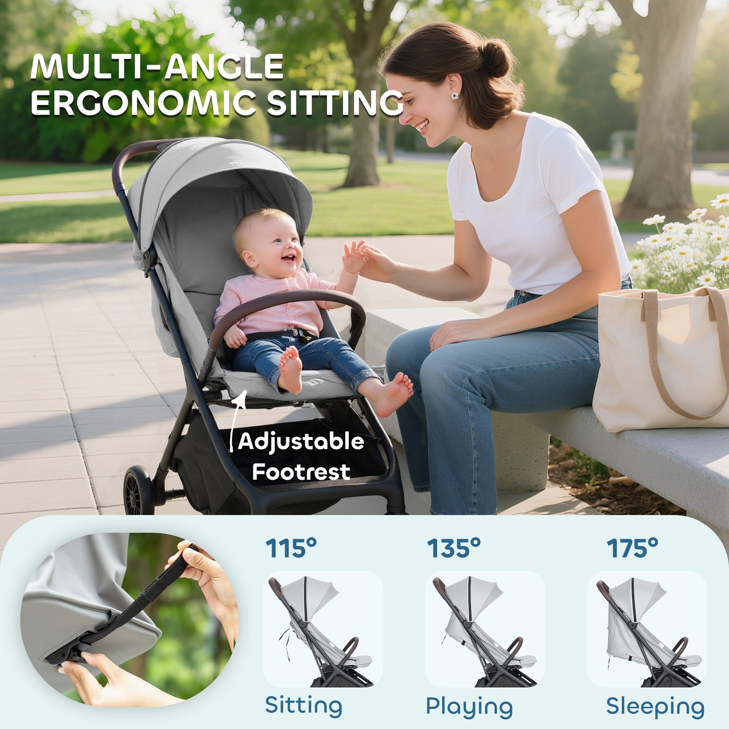 Foldable Baby Stroller with Adjustable Seat, 5-Point Harness, Canopy