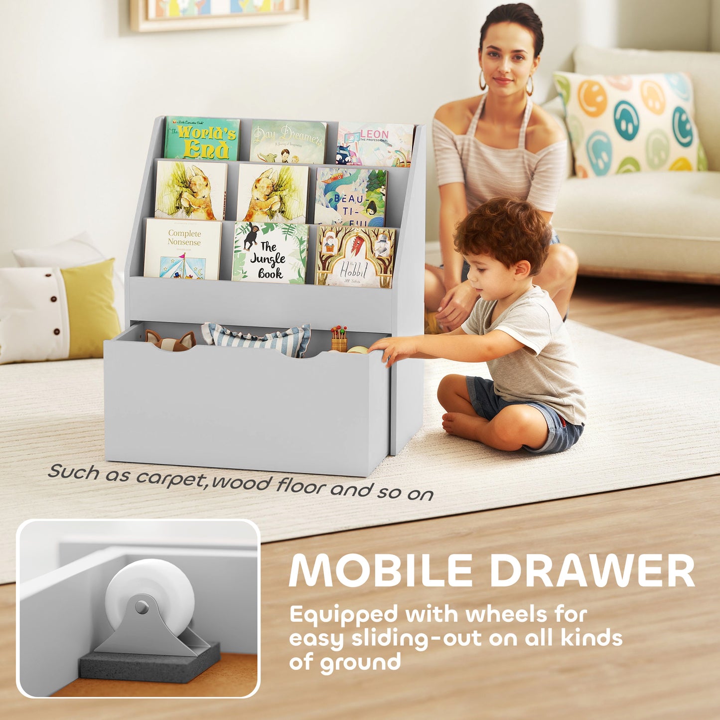 Bookcase for Kids with Shelves, Drawer, Bookcase for Bedroom, Playroom