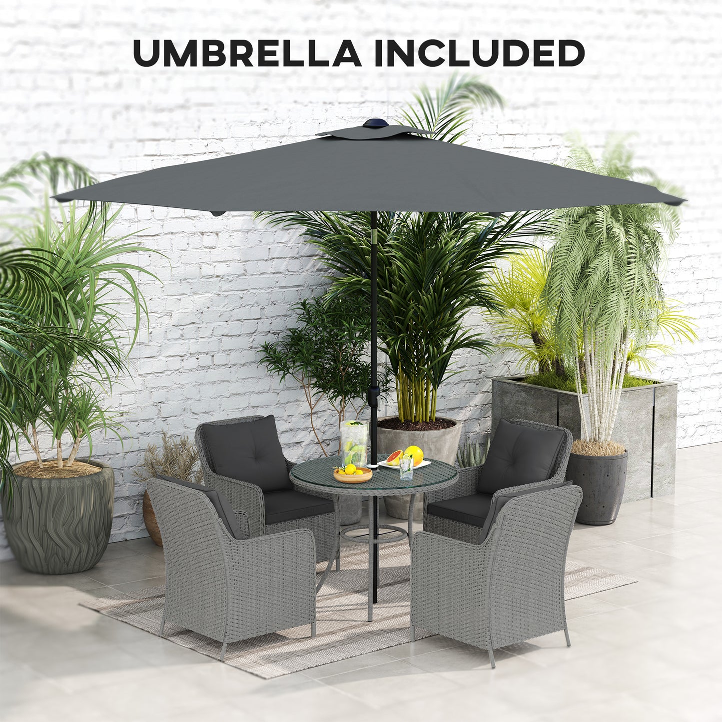 4 Seater Rattan Dining Set with Parasol & Cushions