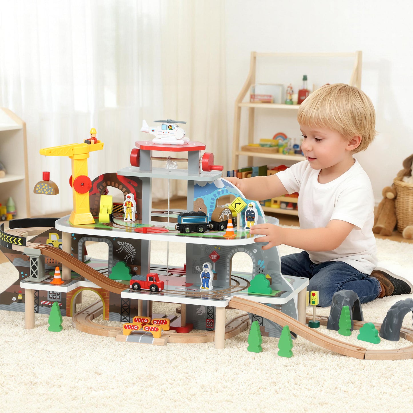 79 Piece Wooden Train Set, Kids Train Track Mine Themed with Crane