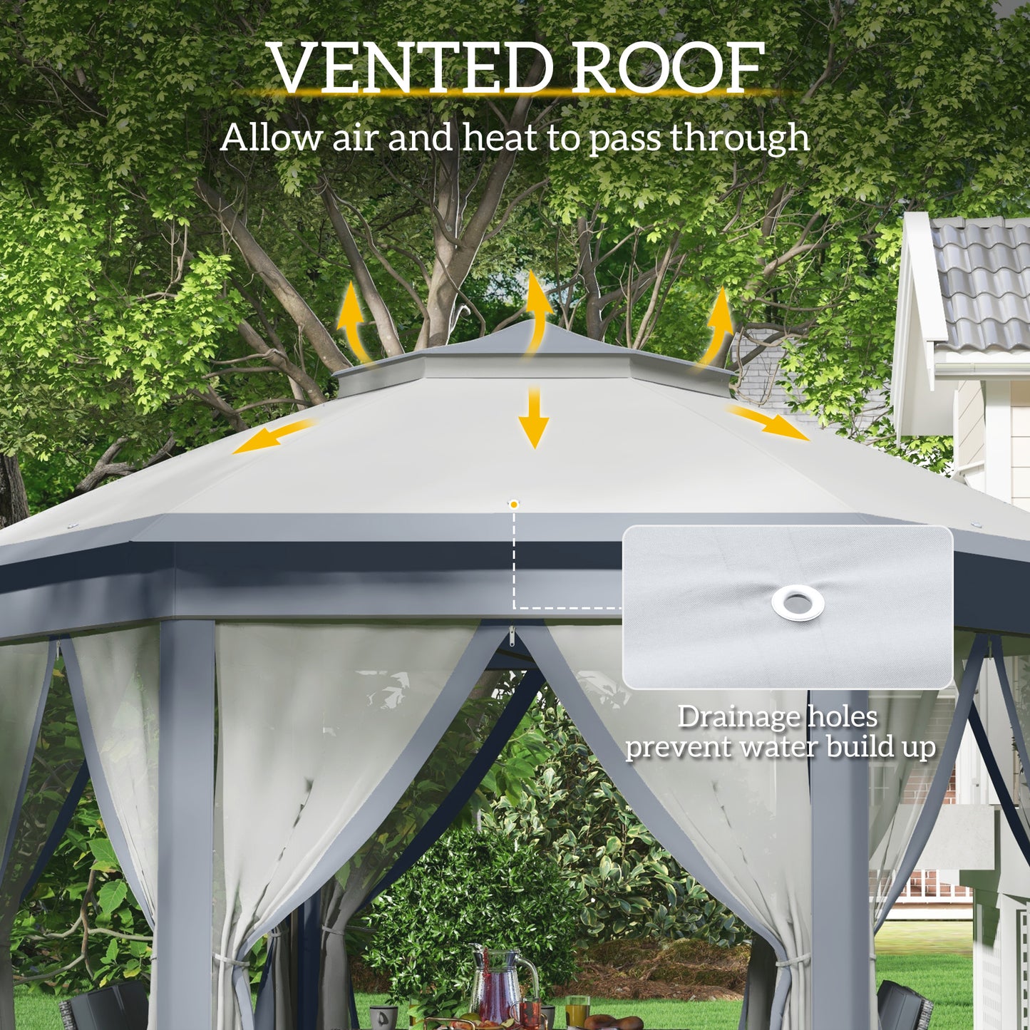 3 x 4m Metal Frame Hexagon Gazebo, with Curtains