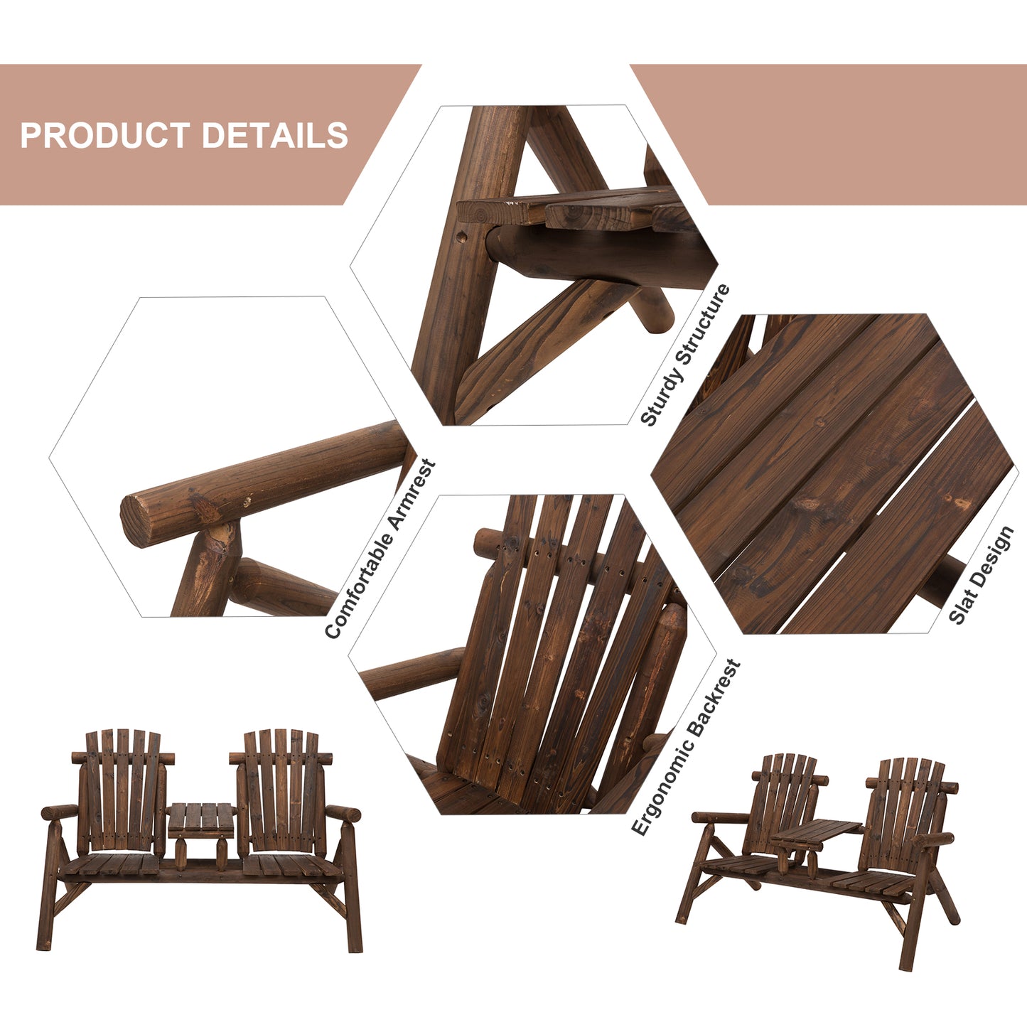 Wood Patio Chair Bench 2 Seats Jack