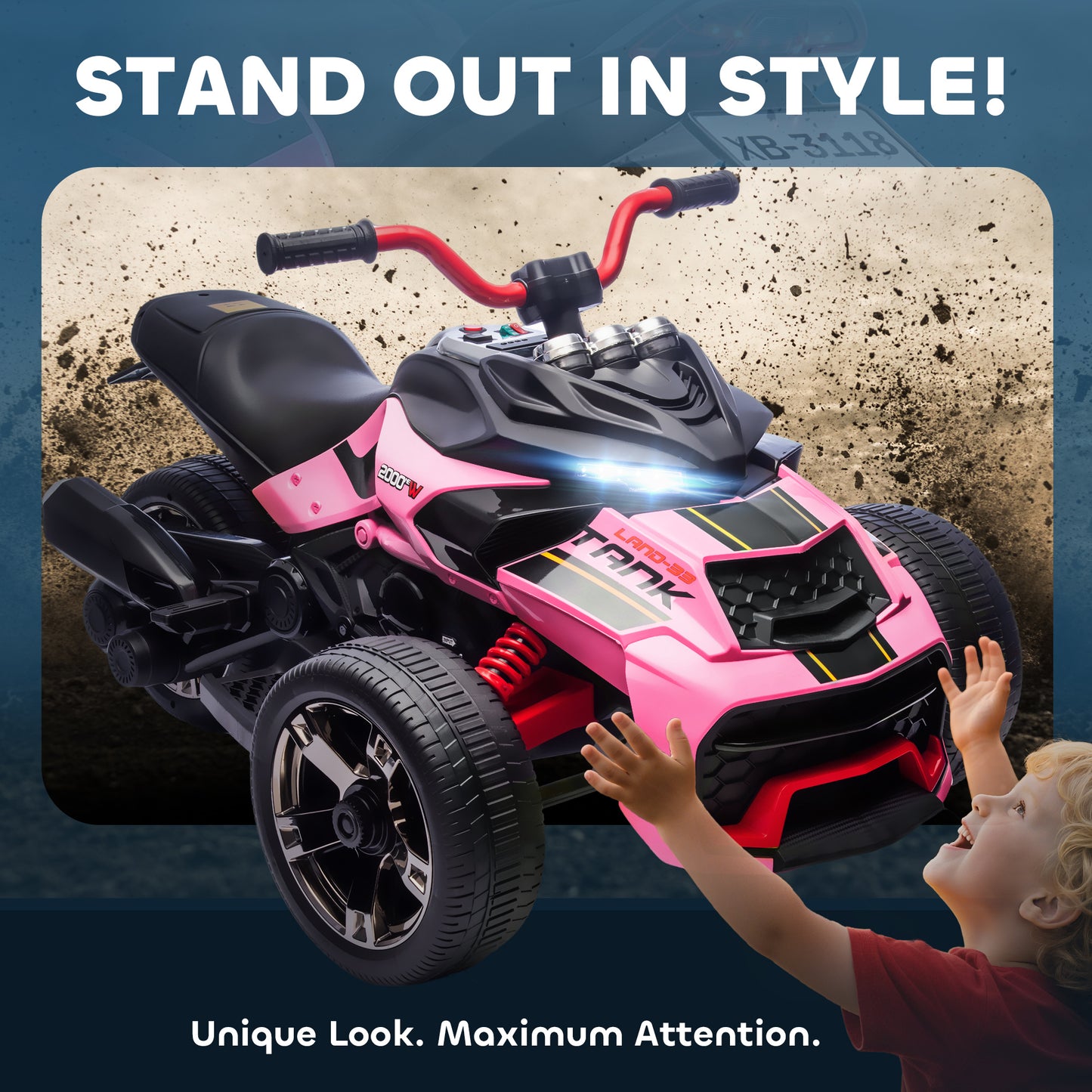 12V Kids Electric Ride On Car with 3 Wheeler, MP3 Player, Horn