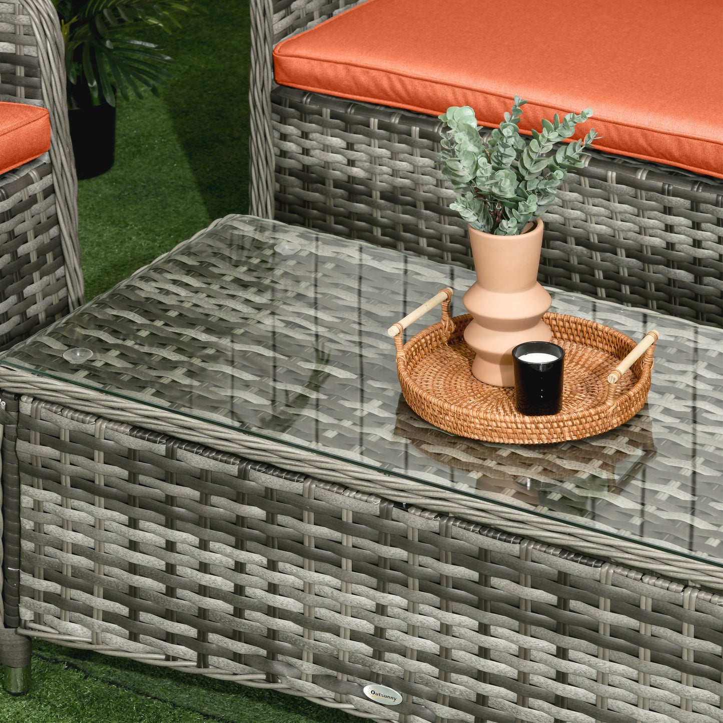 Four-Piece Rattan Sofa Set, with Glass-Top Table