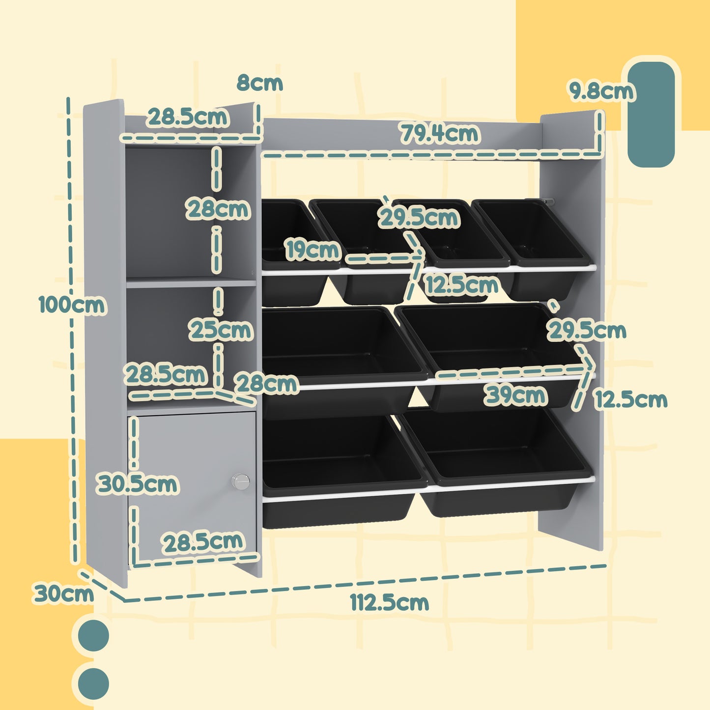 Toy Storage Unit with 8 Removable Bins, Storage Shelves, Cabinet