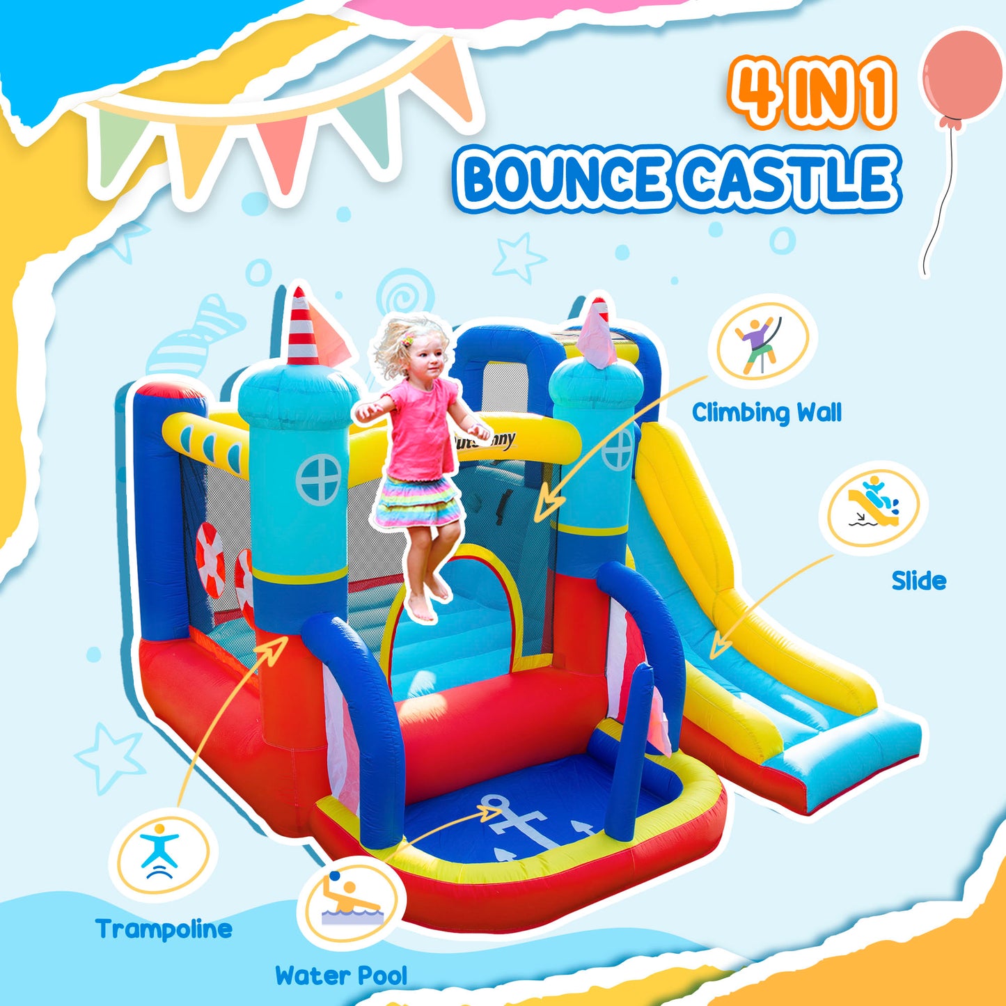 Kids Bouncy Castle, 4 in 1 Large Sailboat Style Inflatable House