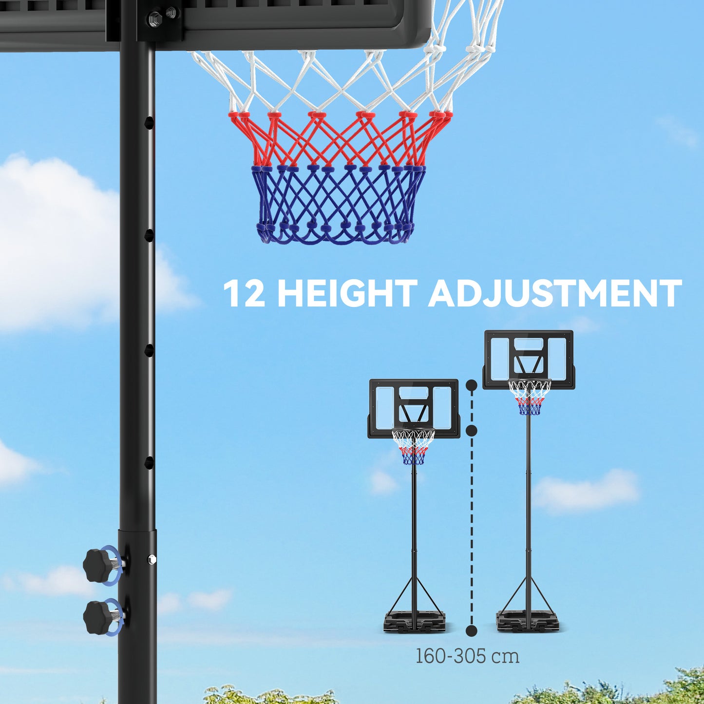 2.3-3.05m Basketball Hoop and Stand, with Weighted Base, Wheels