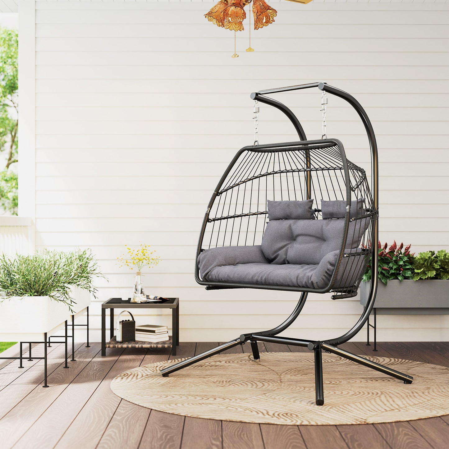 Rattan Double Hanging Egg Chair with Stand