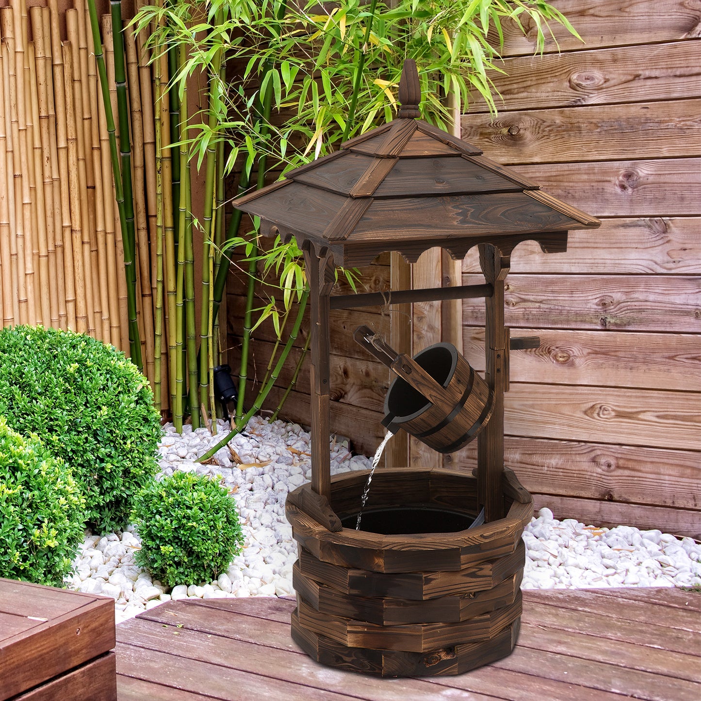 Wooden Garden Wishing Well Fountain Barrel Waterfall Rustic Wood