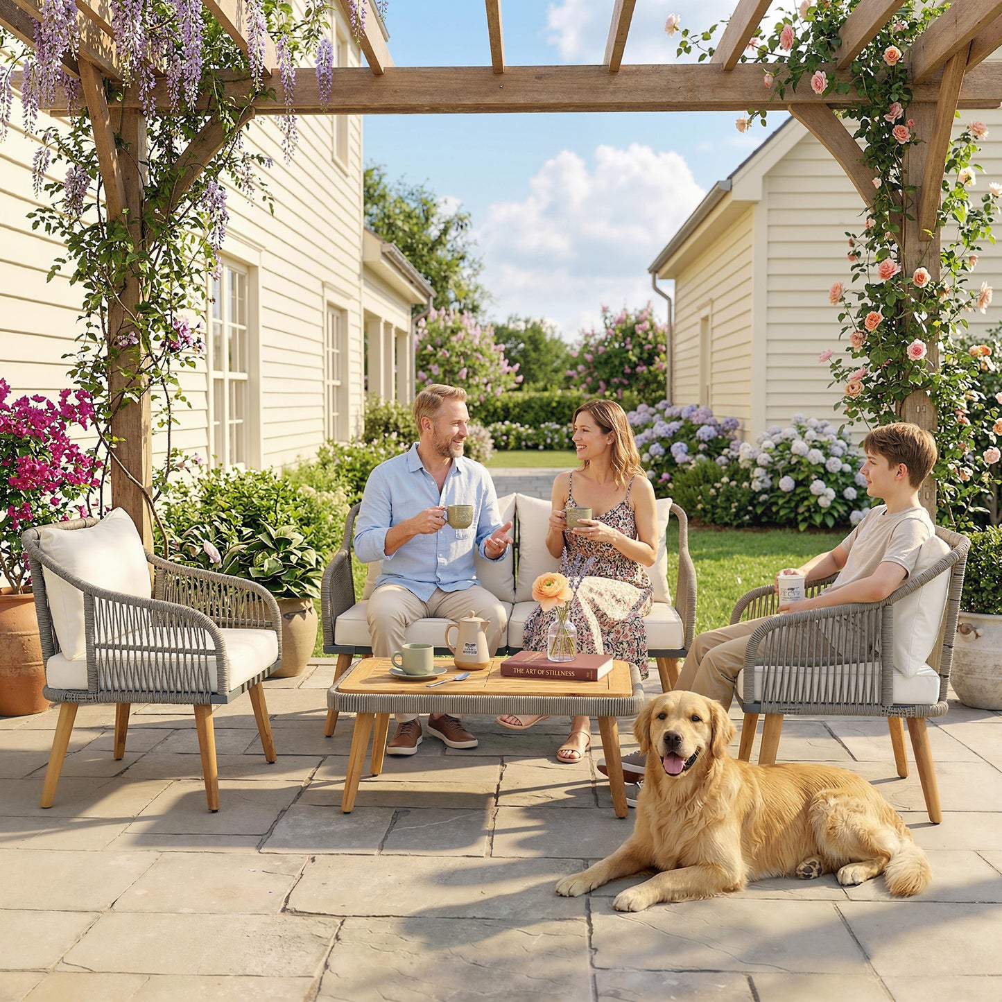 4 Piece Rattan Garden Furniture Set with Loveseat, Armchairs