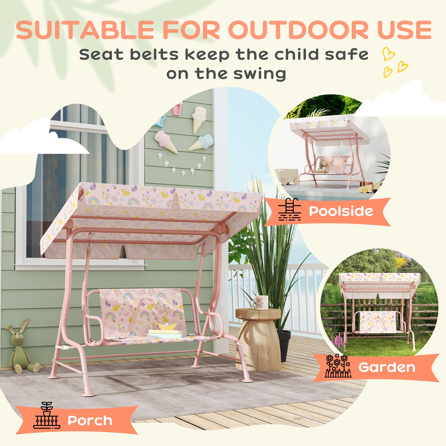 Kids Garden Swing Chair with Adjustable Canopy, Safety Belt