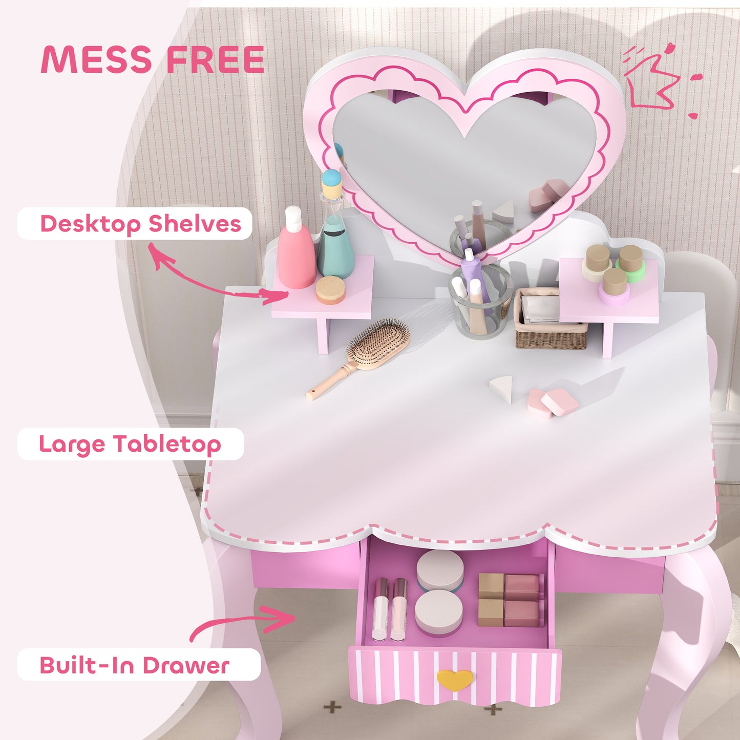 Kids Dressing Table Set, Vanity Table with Stool, Mirror, Drawer (2)