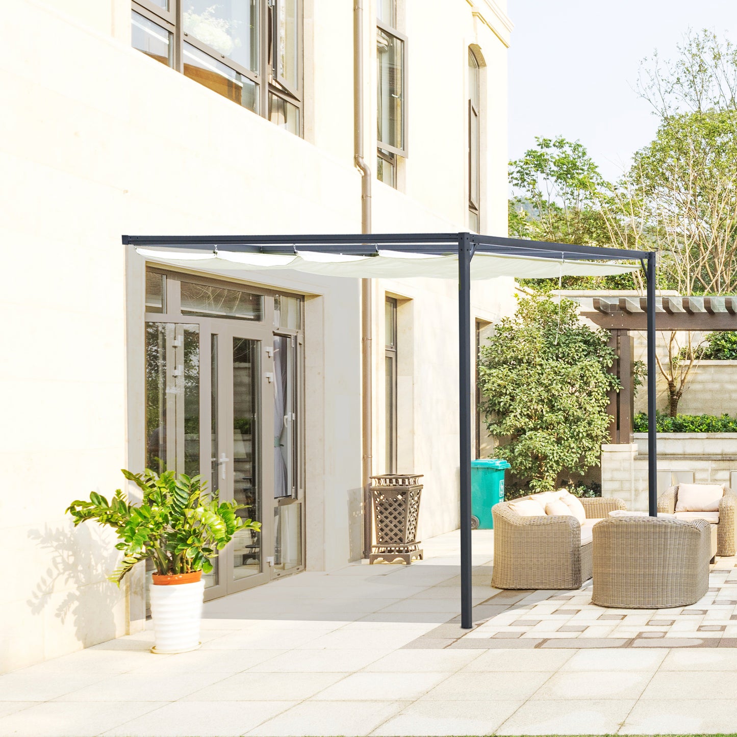 3 x 3(m) Outdoor Lean To Pergola Retractable Canopy Wall Mounted
