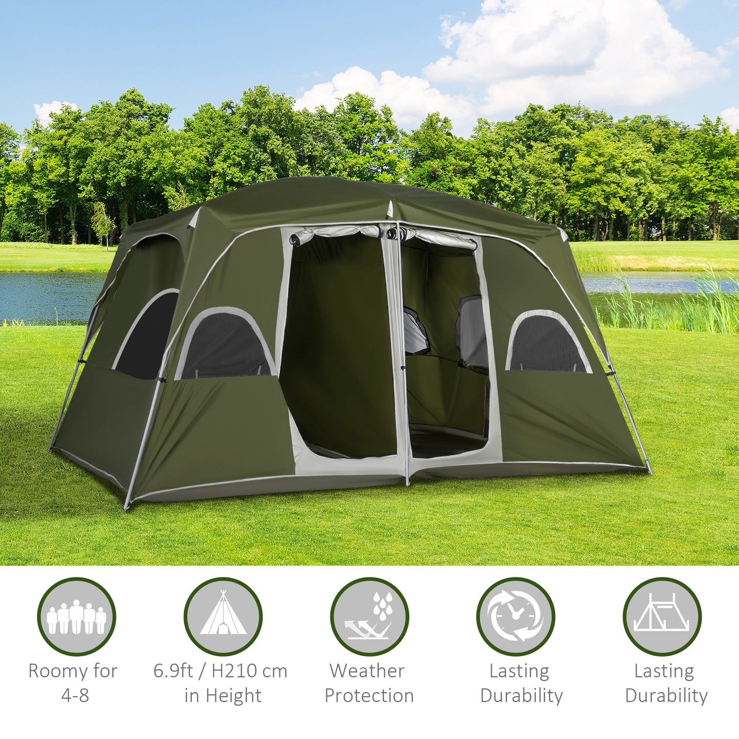 Camping Tent, Family Tent 4-8 Person 2 Room, with Large Mesh Windows