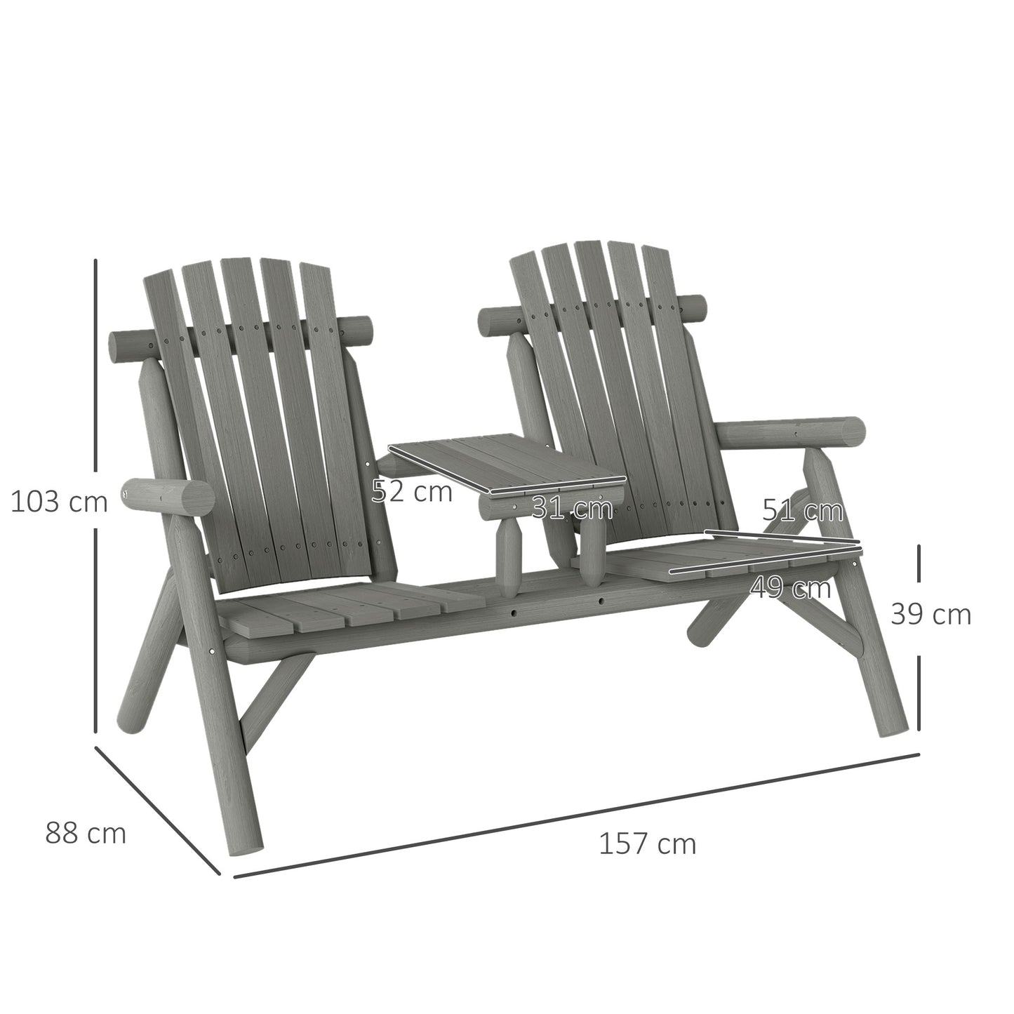 Wood Patio Chair Bench 2 Seats w/ Centre Coffee Table, Garden Bench