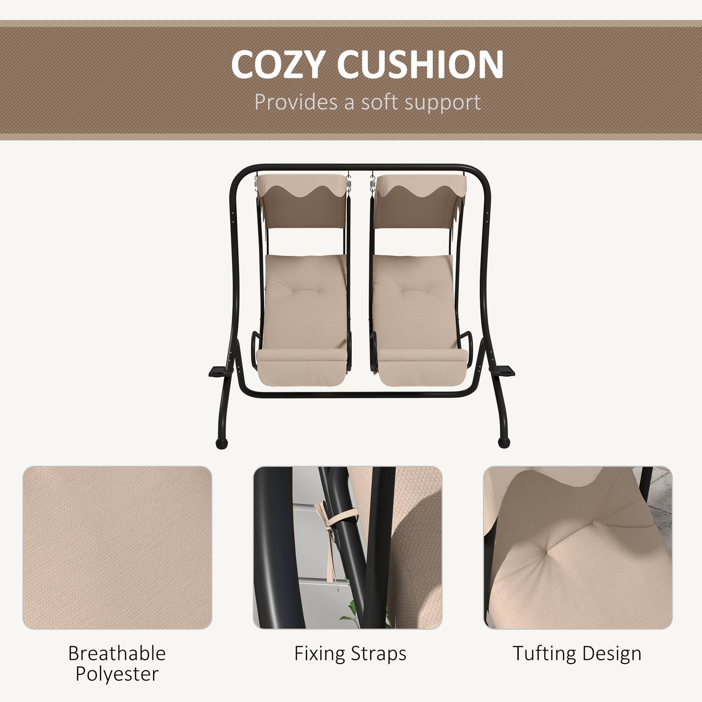 Two-Seat Garden Swing Chair, with Protective Canopy