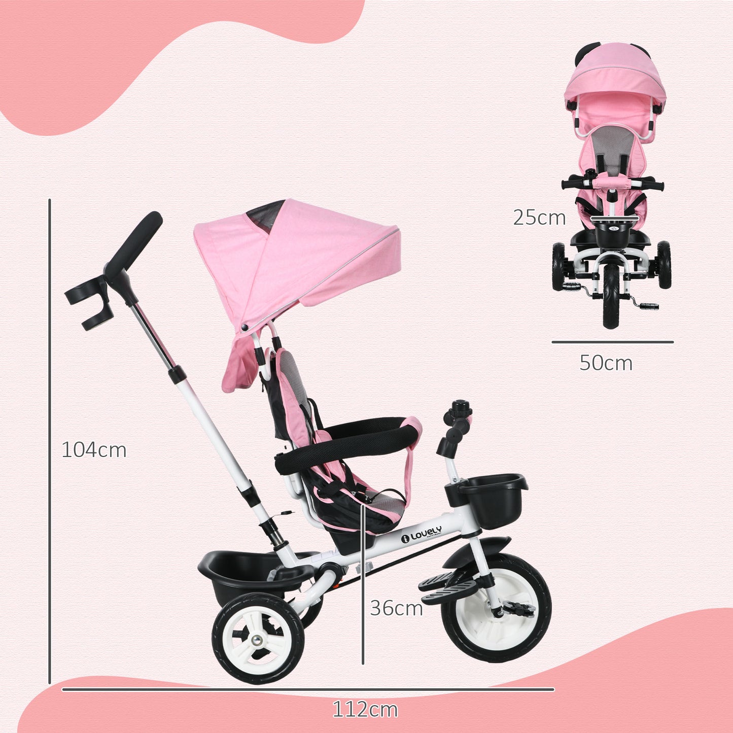 Metal Frame 6 in 1 Baby Push Tricycle with Parent Handle