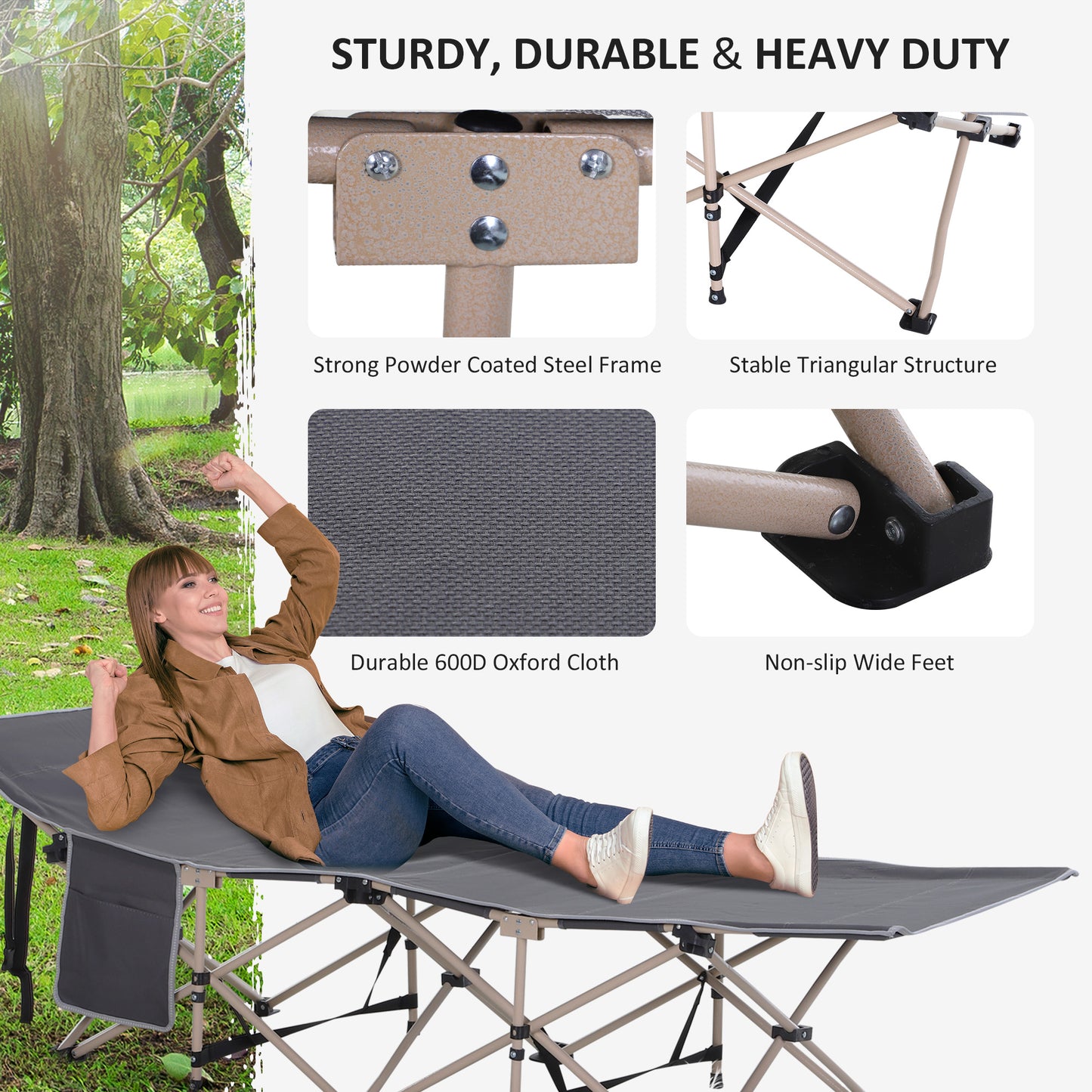 Single Steel Frame Portable Camping Cot, with Carry Bag