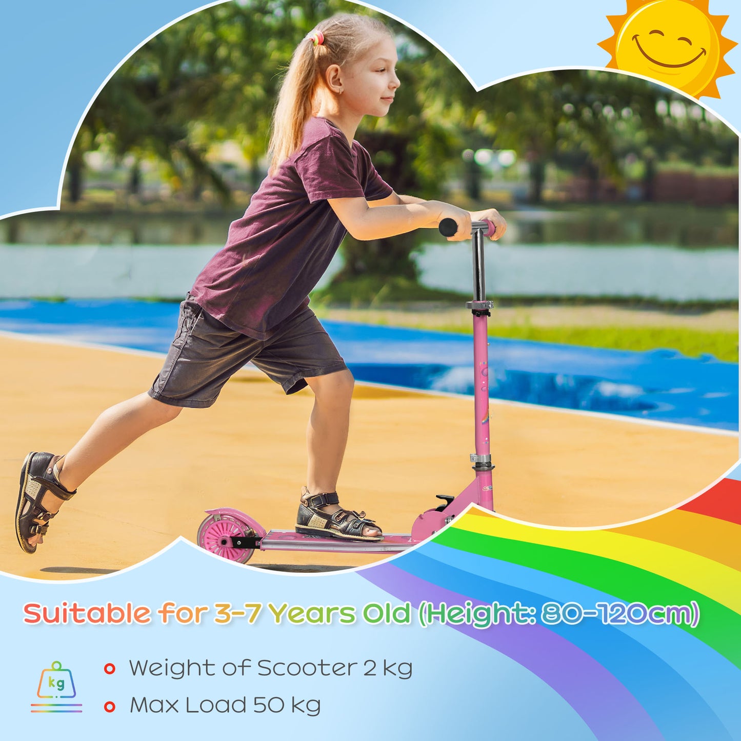 Kids Scooter, with Lights, Music, Adjustable Height, Foldable Frame