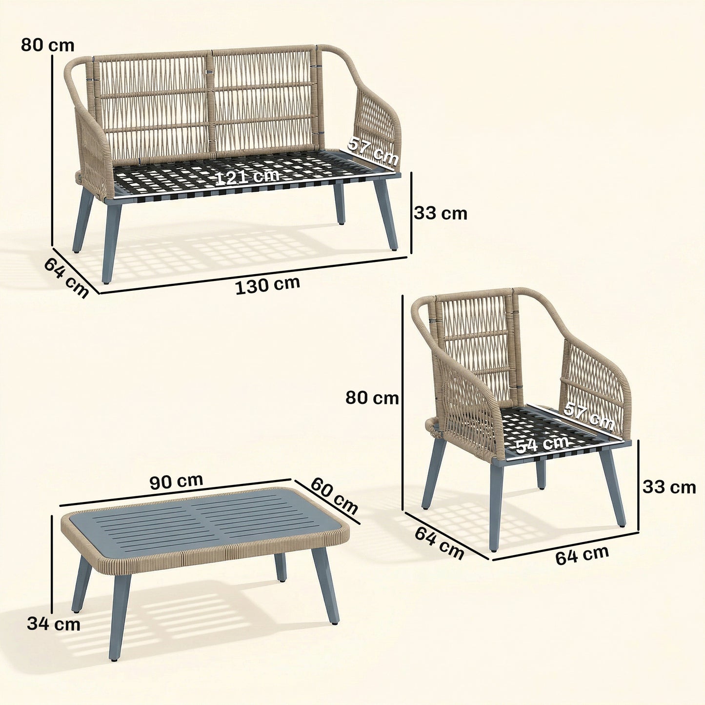 4 Piece Rattan Garden Furniture Set with Loveseat, Armchairs