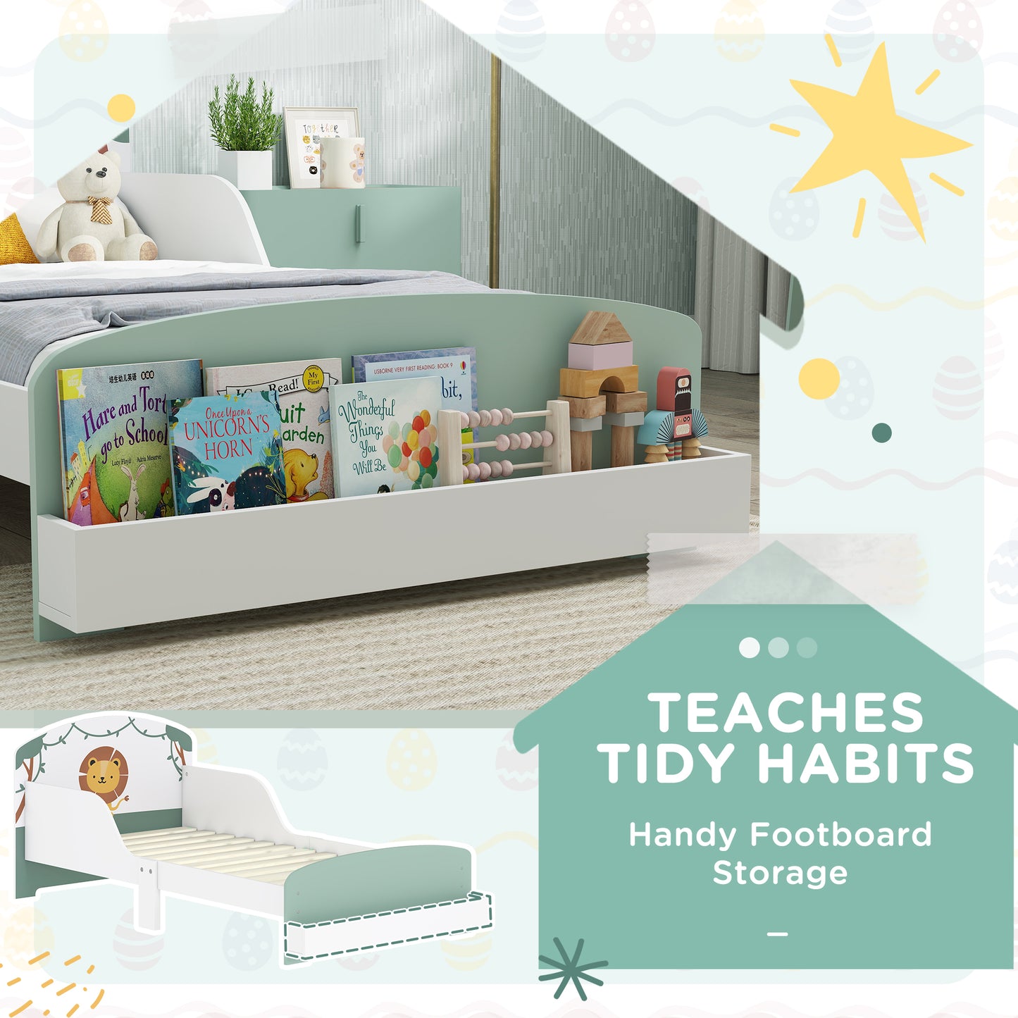 Toddler Bed with Storage, Guardrails, Lion Design