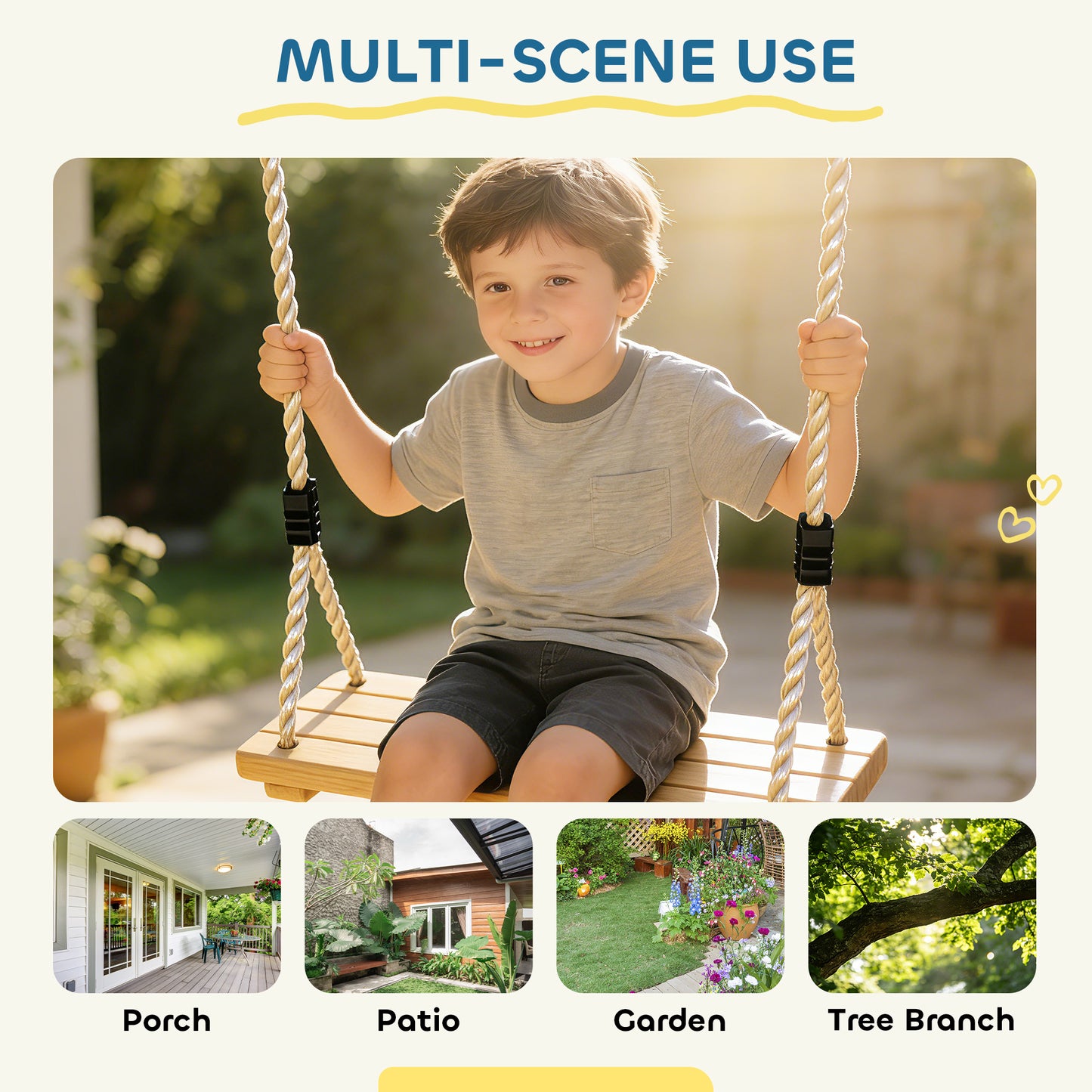Wooden Swing Seat, Kids Swing Set with Adjustable Rope