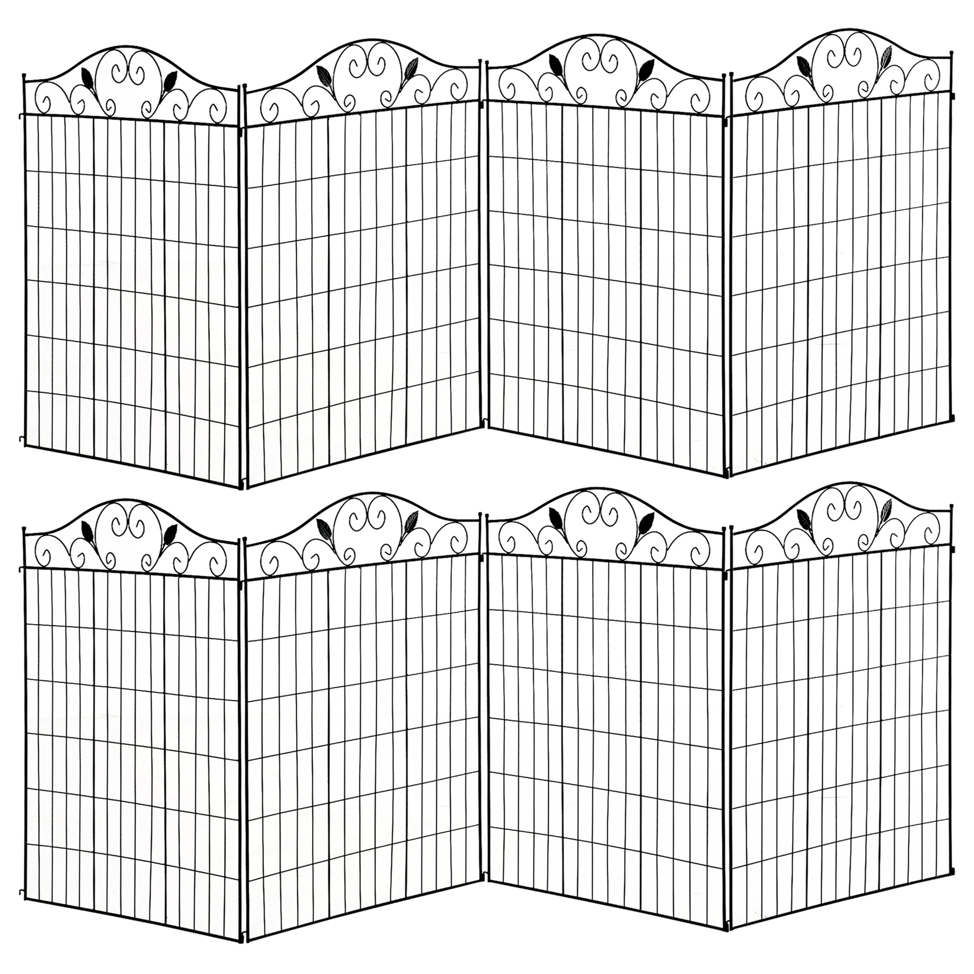 Set of 2 Decorative Garden Fence, 8 Panels Metal Picket Fence