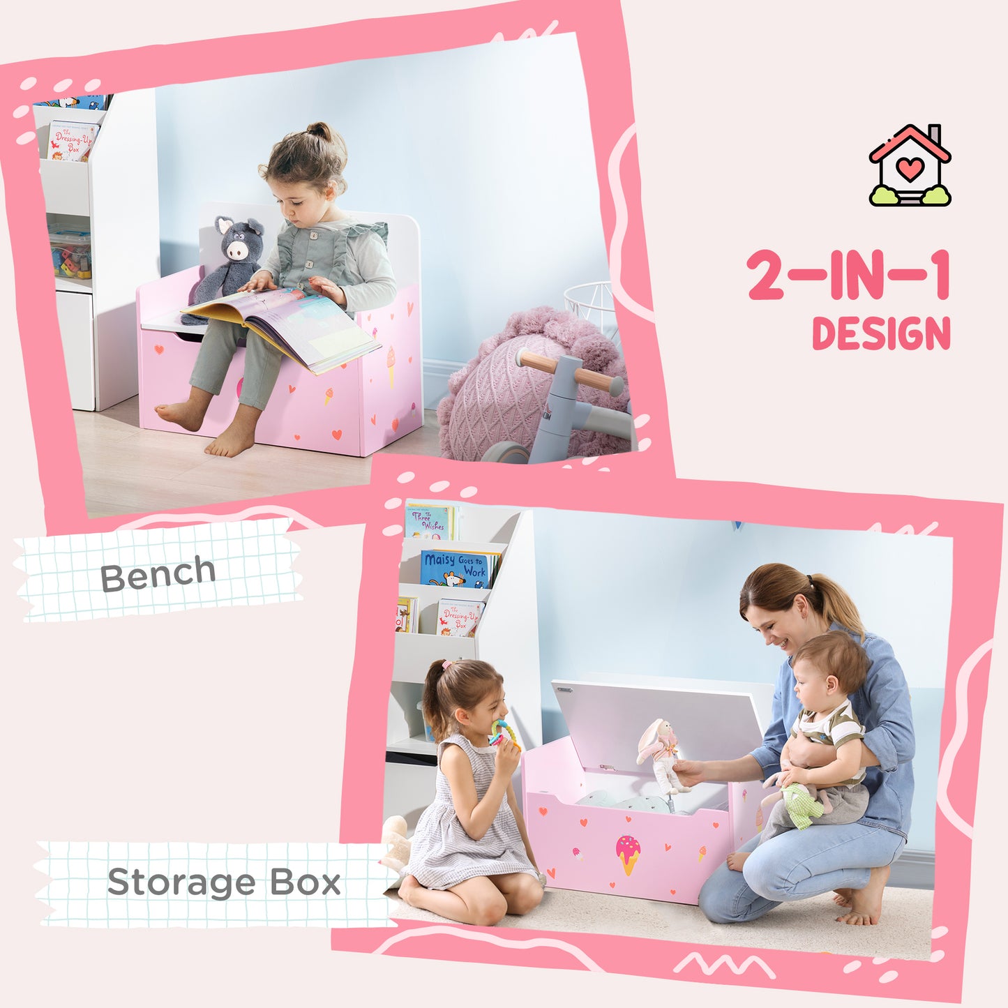 2-in-1 Kids Storage Bench, Toy Box w/ Safety Rod
