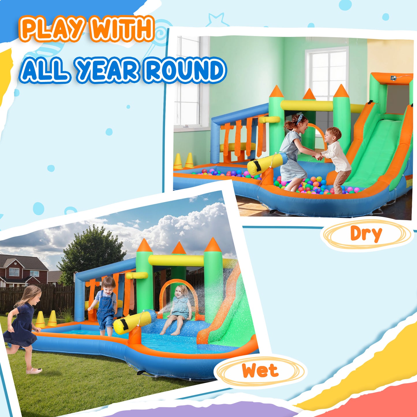 8 in 1 Inflatable Bounce House with 550W Blower, Slide, 2 Pools