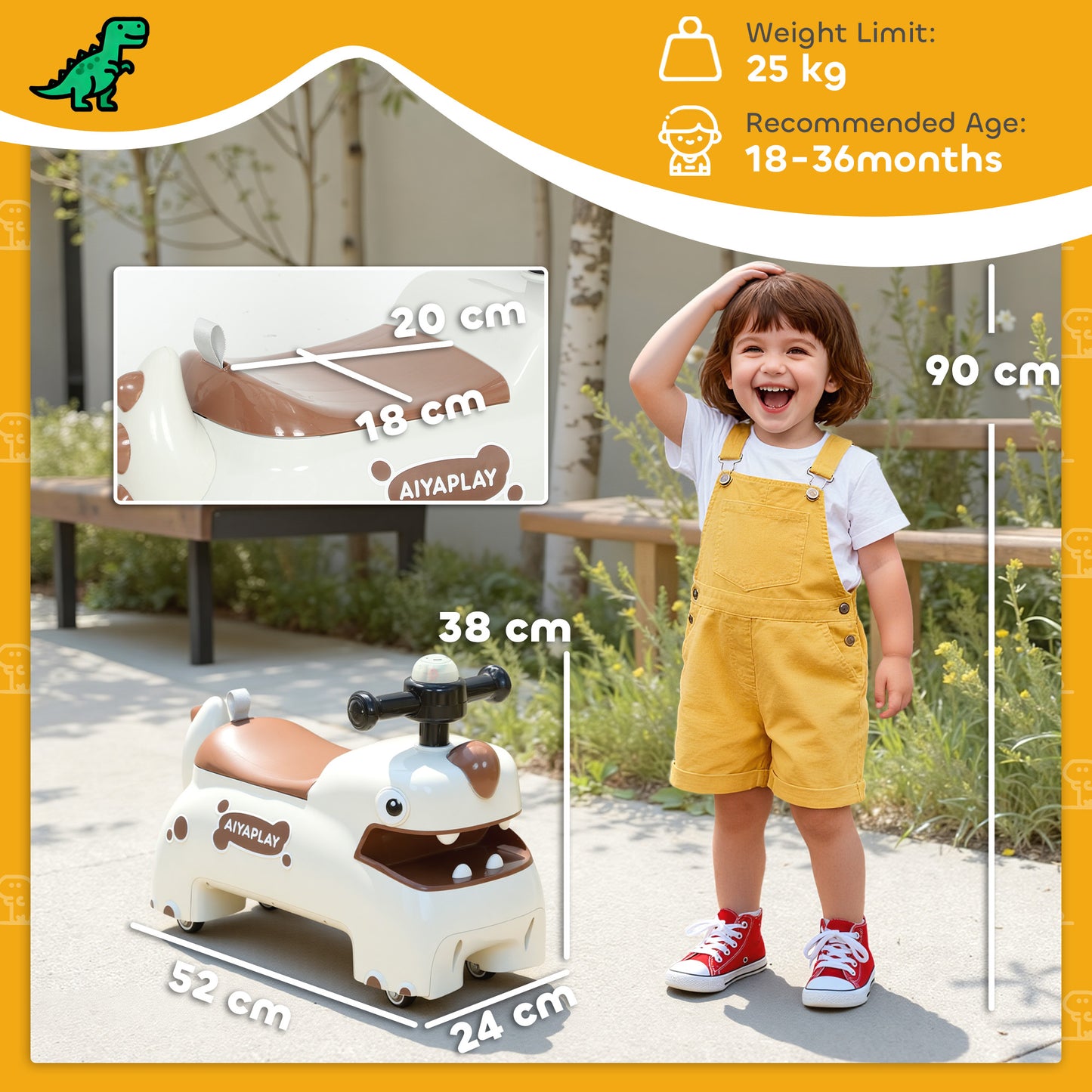 Kids Ride On Car, Dinosaur Foot to Floor Slider with Storage