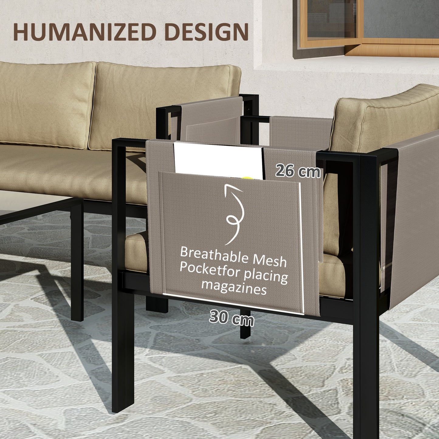 4 Piece Metal Garden Furniture Set with Tempered Glass Coffee Table