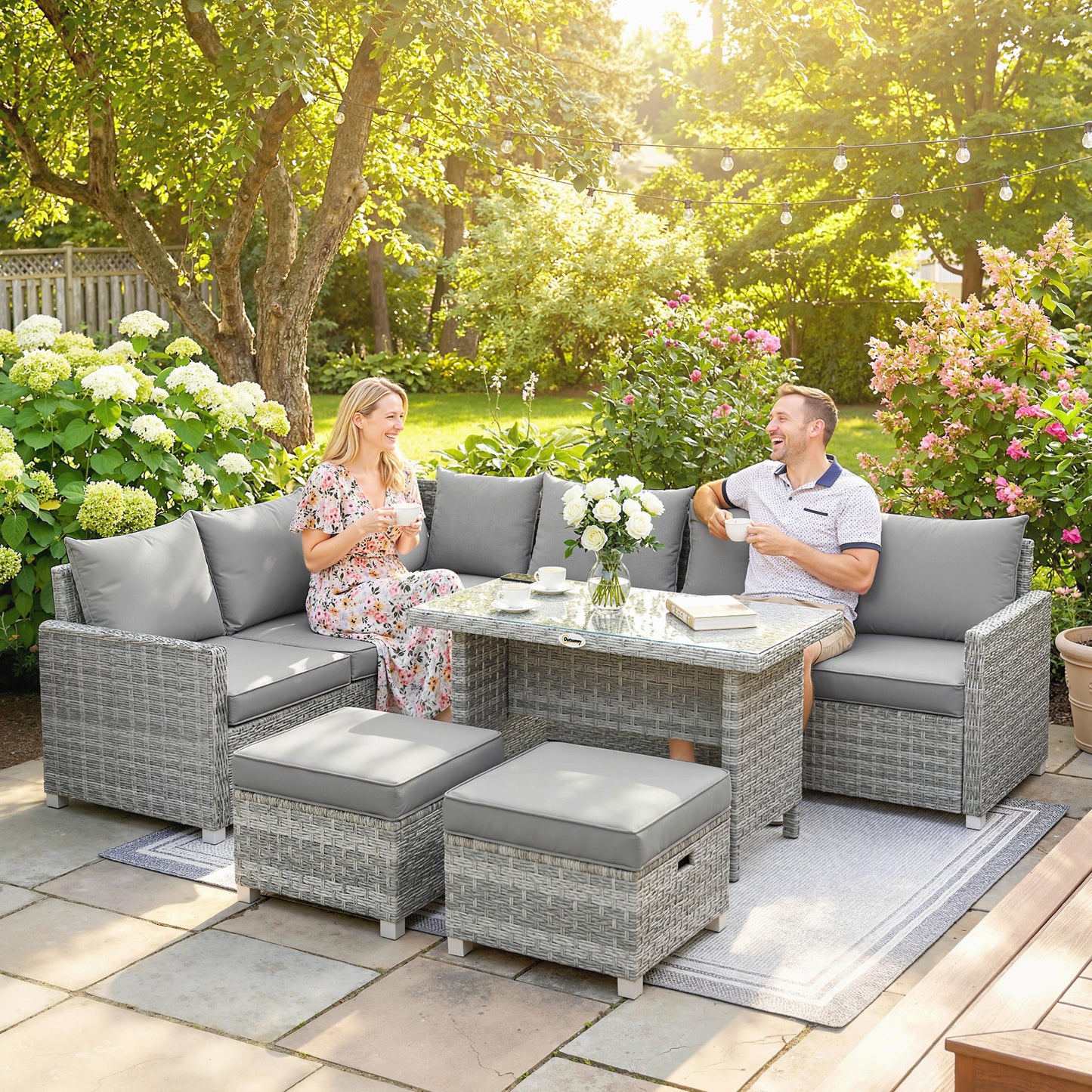 6 Seater Rattan Garden Furniture Set with 3 Sofas, 2 Footstools