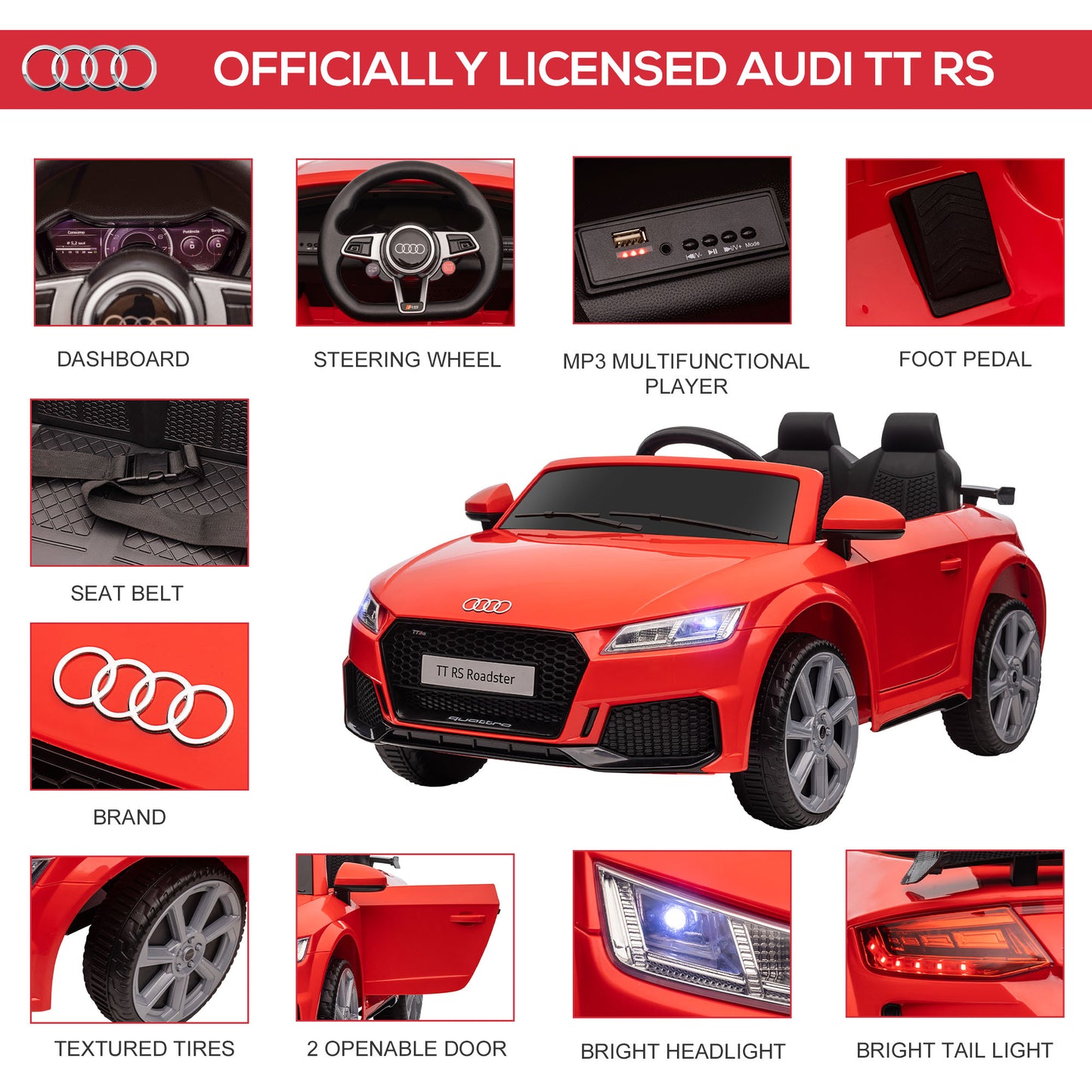 Kids Licensed Audi TT Ride-On Car 12V Battery w/ Remote Suspension (1)