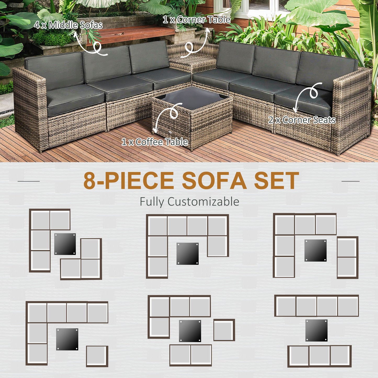 8 Pieces Outdoor PE Rattan Sofa Set with Cushions