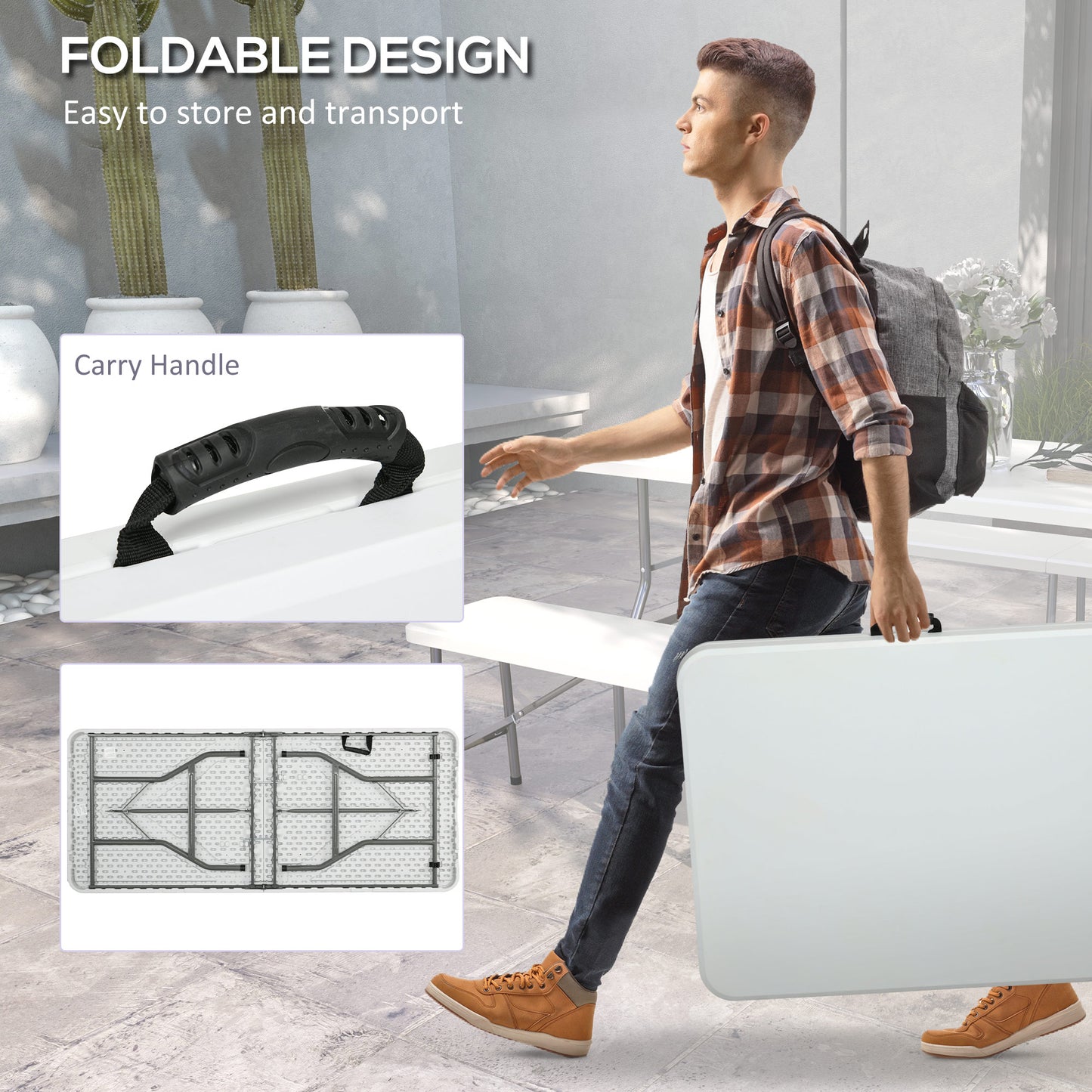 Folding Garden Table, 180 x 75cm Rectangular HDPE Outdoor Picnic