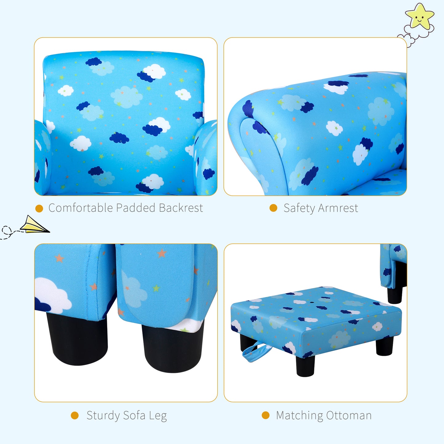 Toddler Chair Children's Armchairs Wood Frame w/ Footrest Anti-Slip
