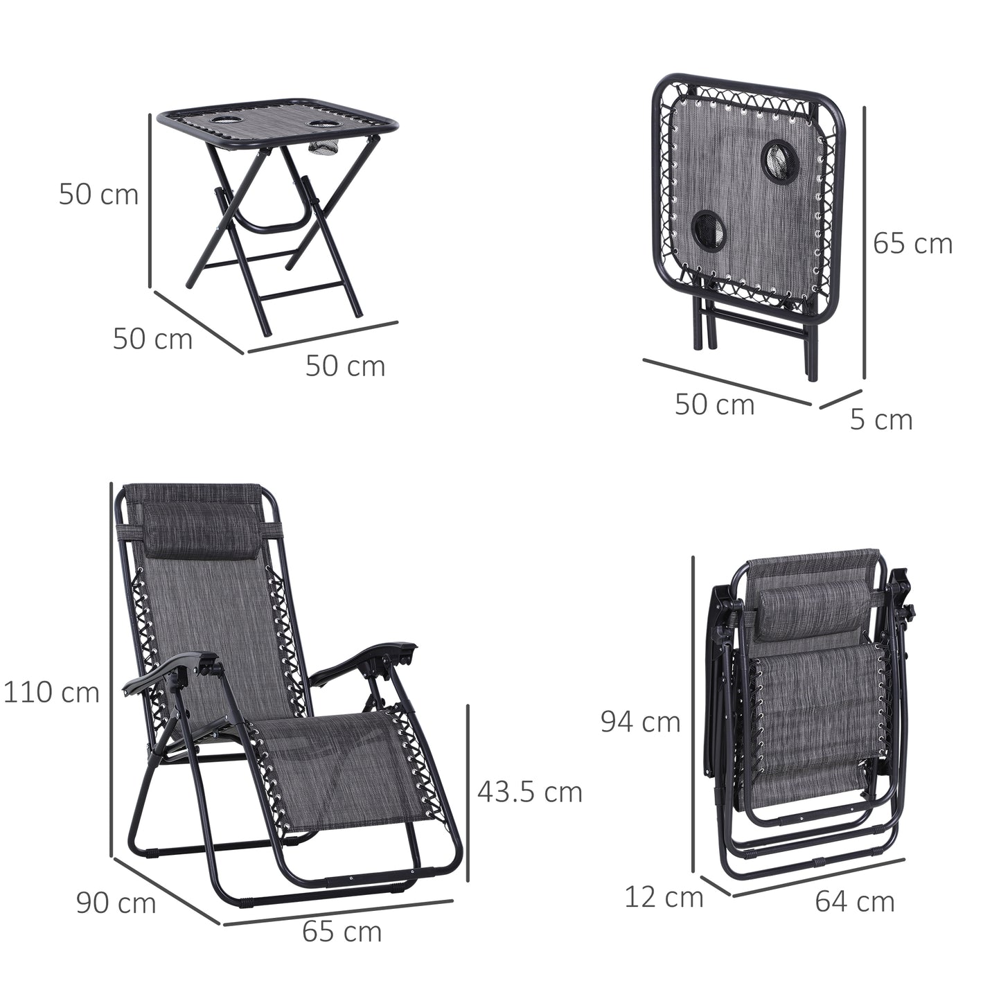 3pcs Folding Zero Gravity Chairs Sun Lounger Table Set w/ Cup
