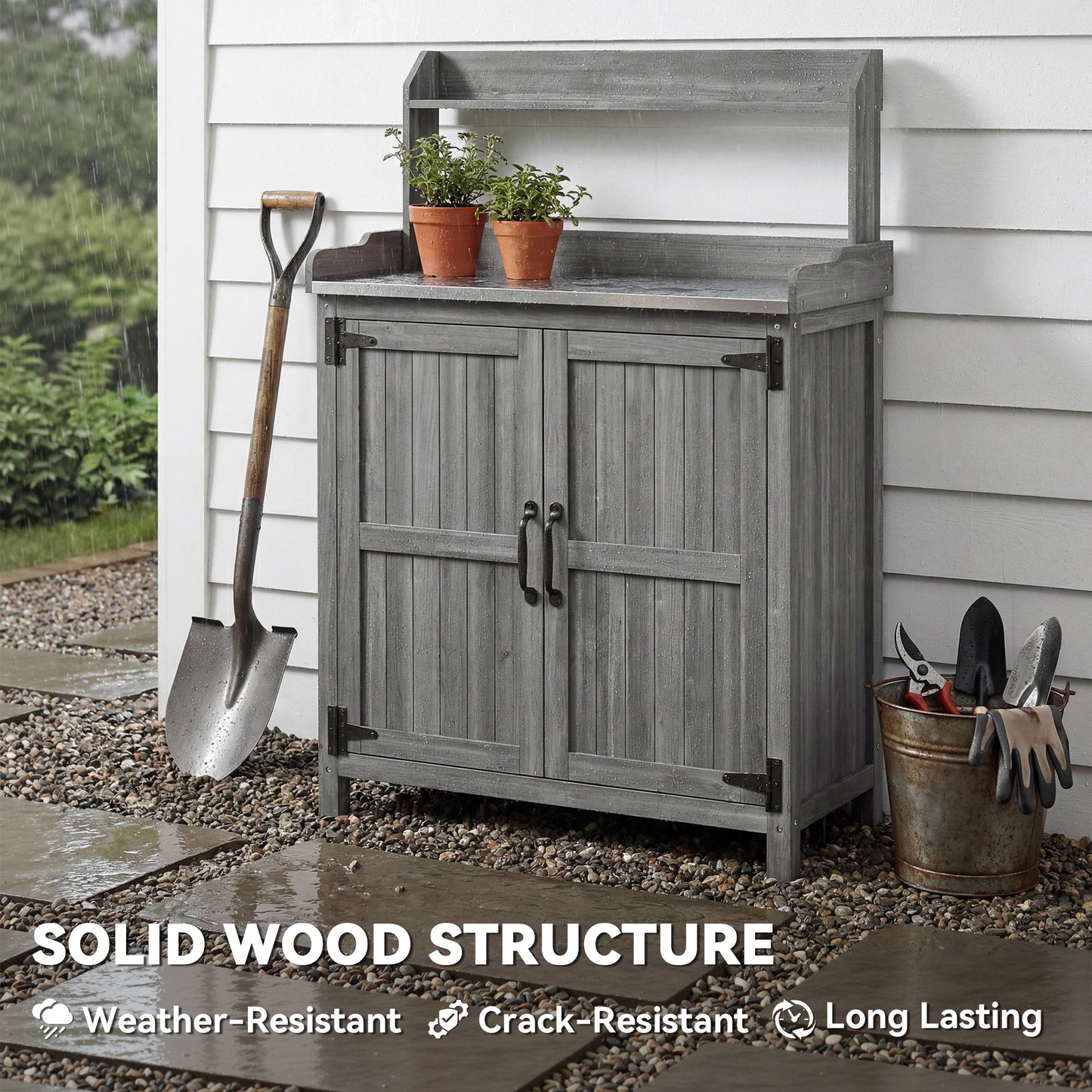 Wooden Potting Bench Table with Aluminium Worktop