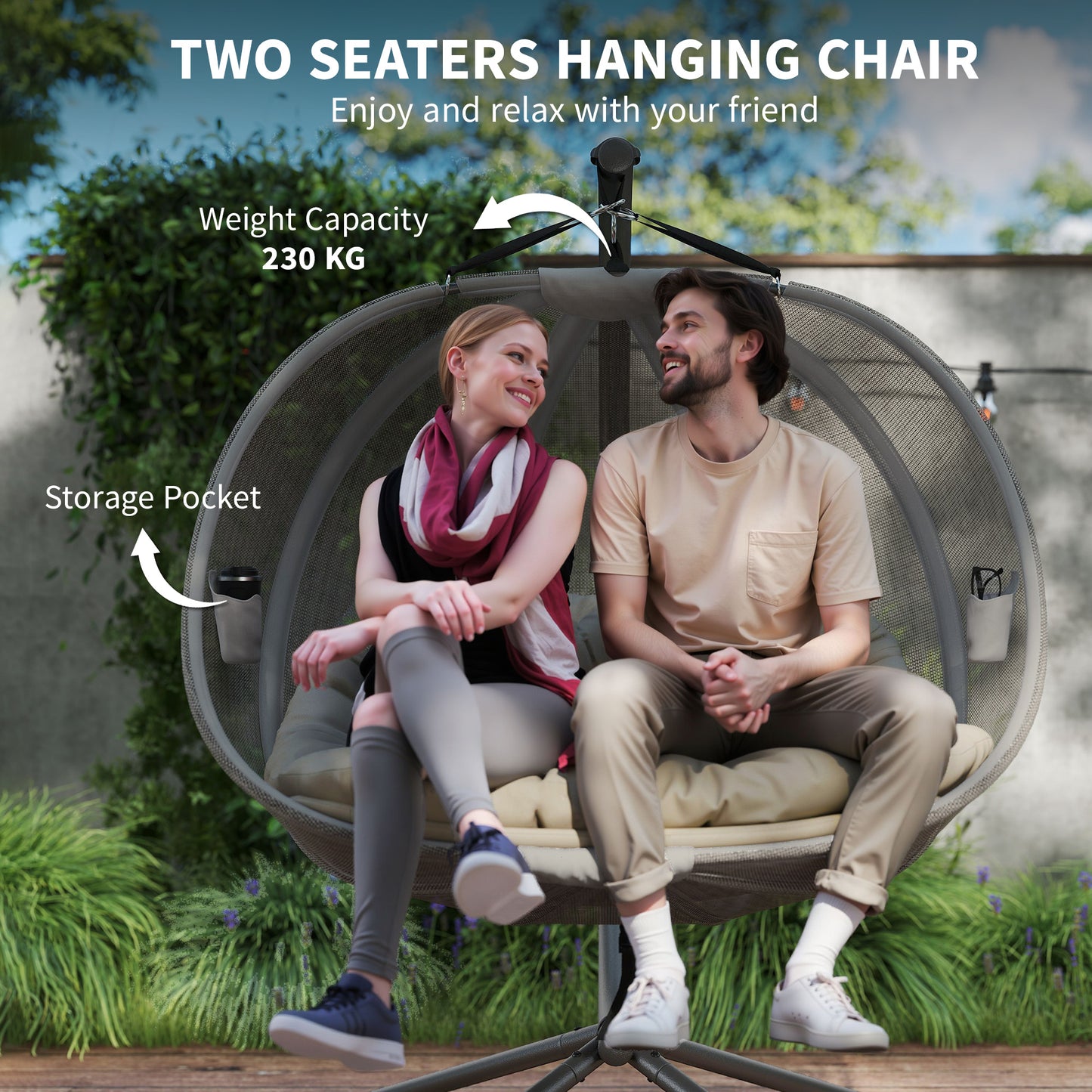 Double Hanging Egg Chair 2 Seaters Texteline Swing Hammock Chair