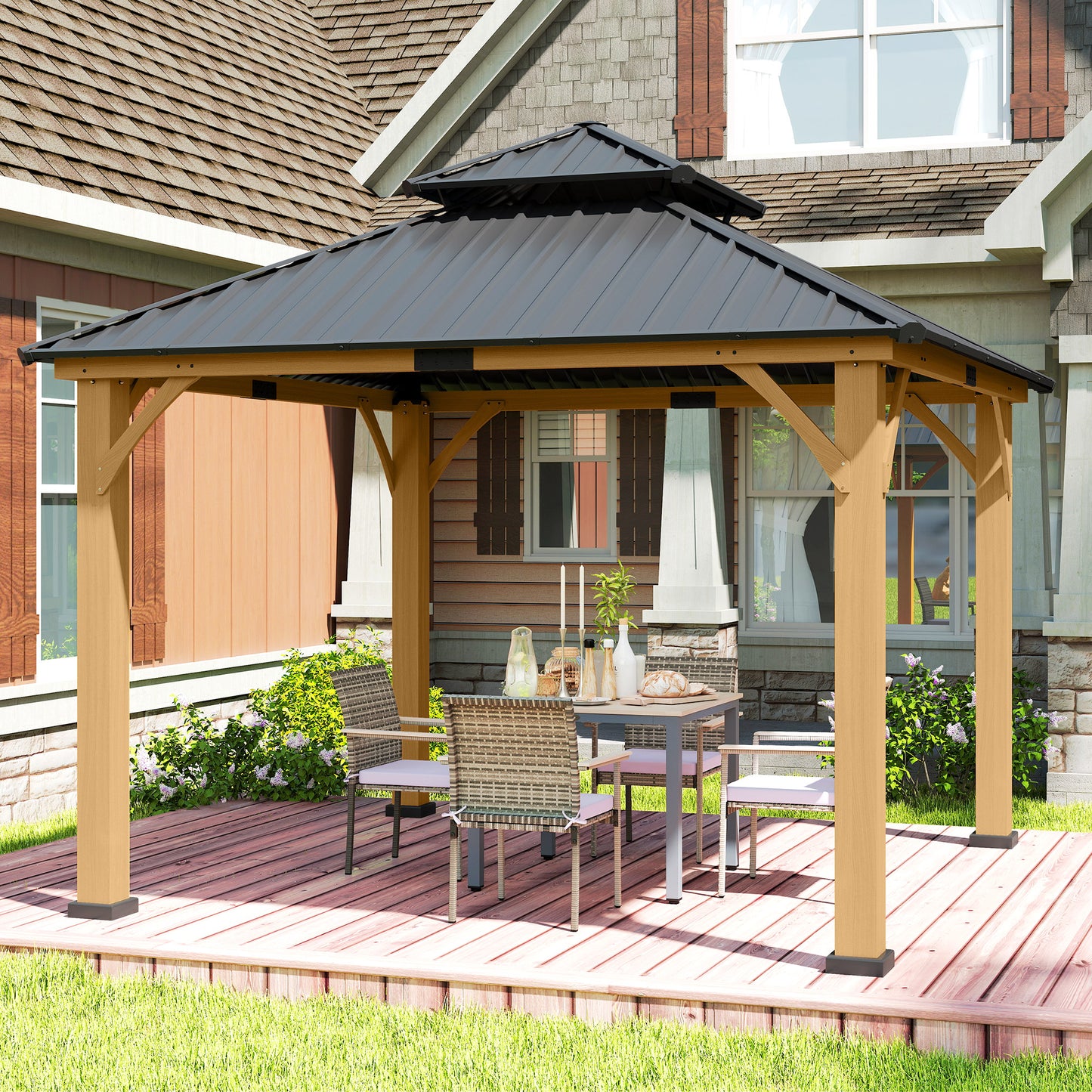 3.5 x 3.5m Outdoor Hardtop Gazebo Canopy with Two-tier Metal Roof