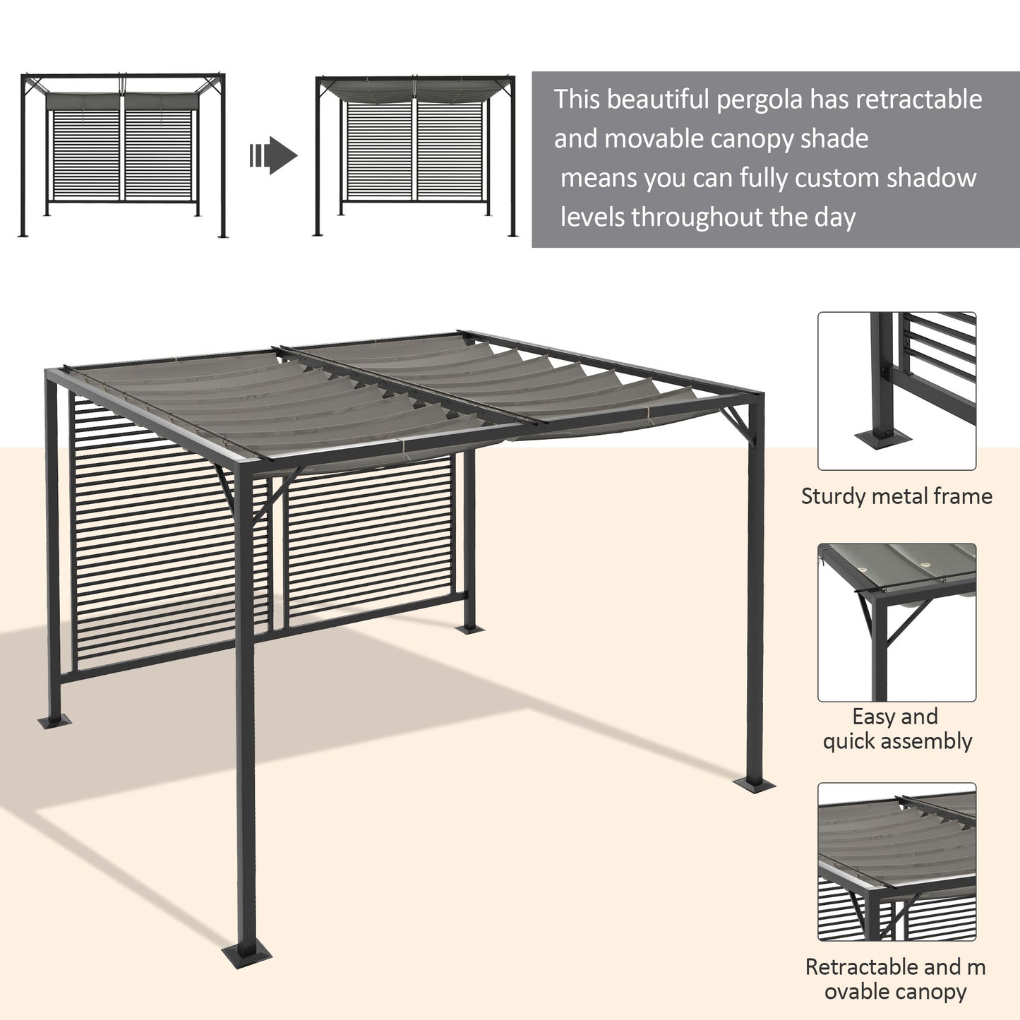 3 x 2.8m Metal Pergola, with Retractable Fabric Roof
