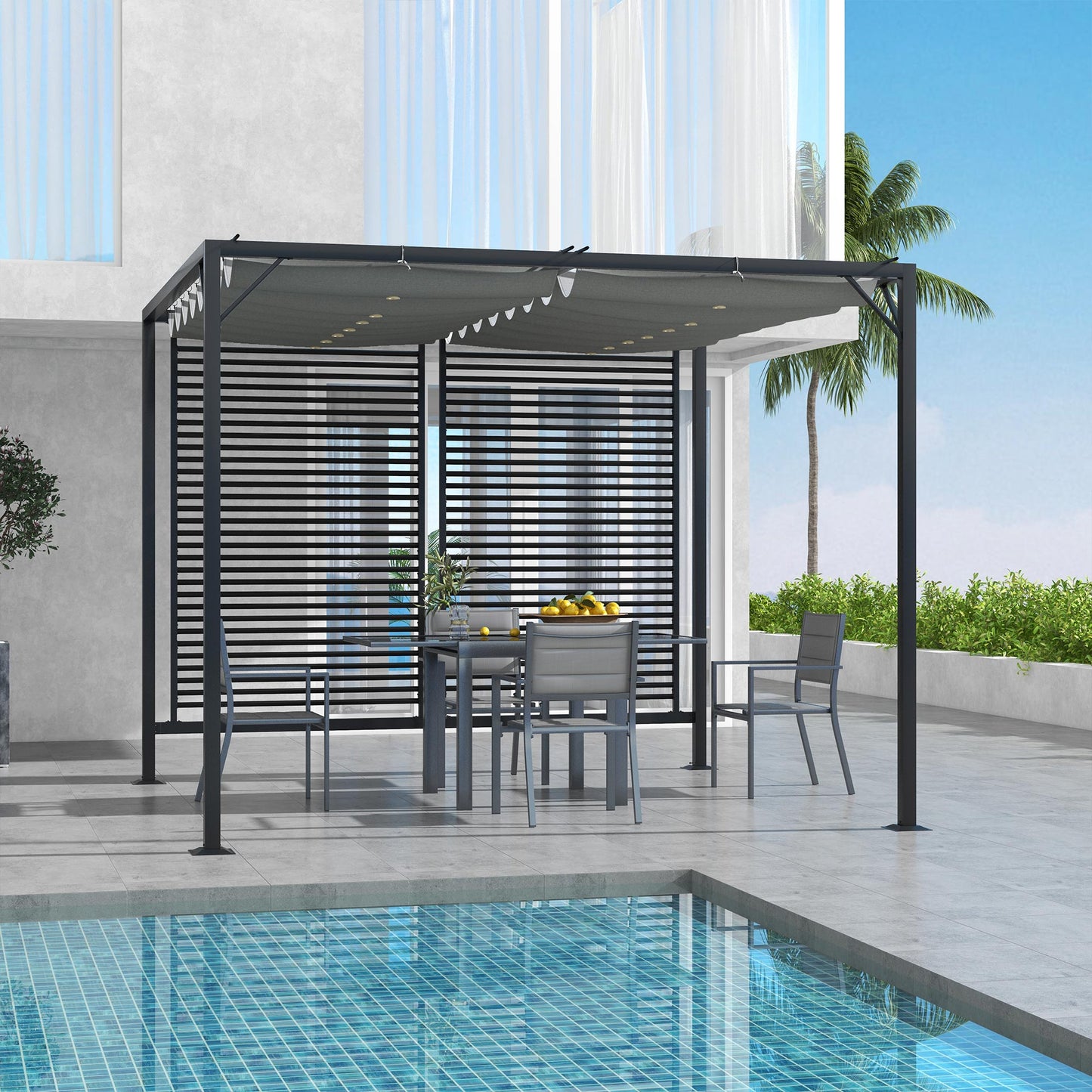 3 x 2.8m Metal Pergola, with Retractable Fabric Roof