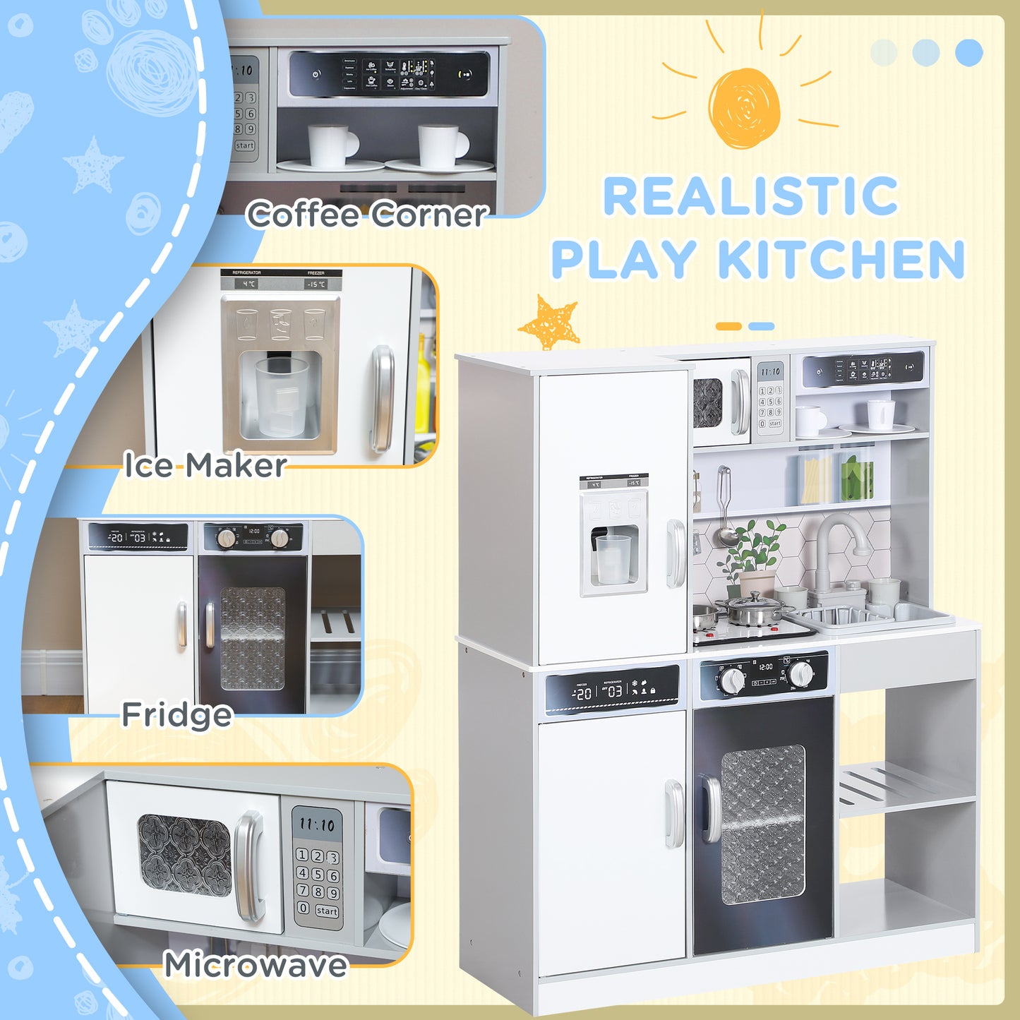 Pretend Play Toy Kitchen, Kids Kitchen Playset w/ Sounds, Lights