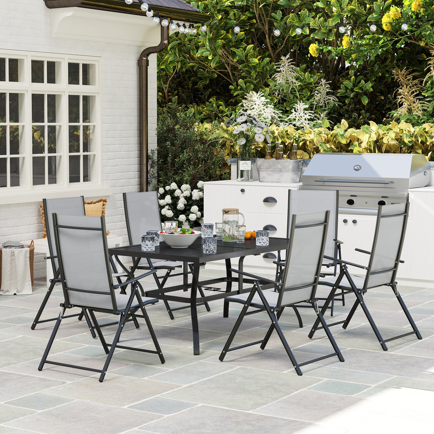 Seven-Piece Steel Outdoor Dining Set, with Parasol Hole