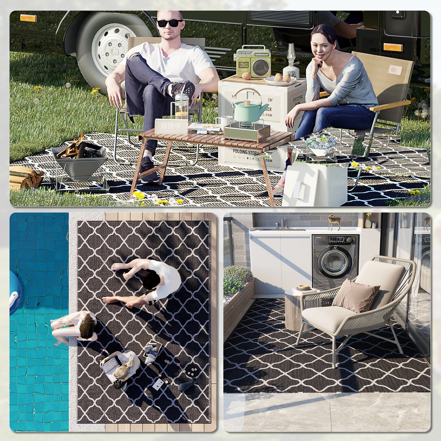 Reversible Outdoor Rug, Plastic Straw Mat w/ Carry Bag Ground Stakes