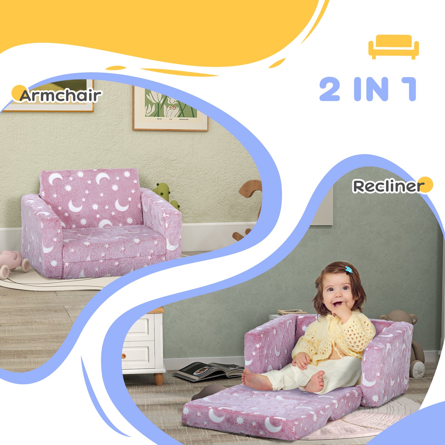 2 in 1 Kids Folding Bed Armchair with Glow in The Dark Cosmic Design