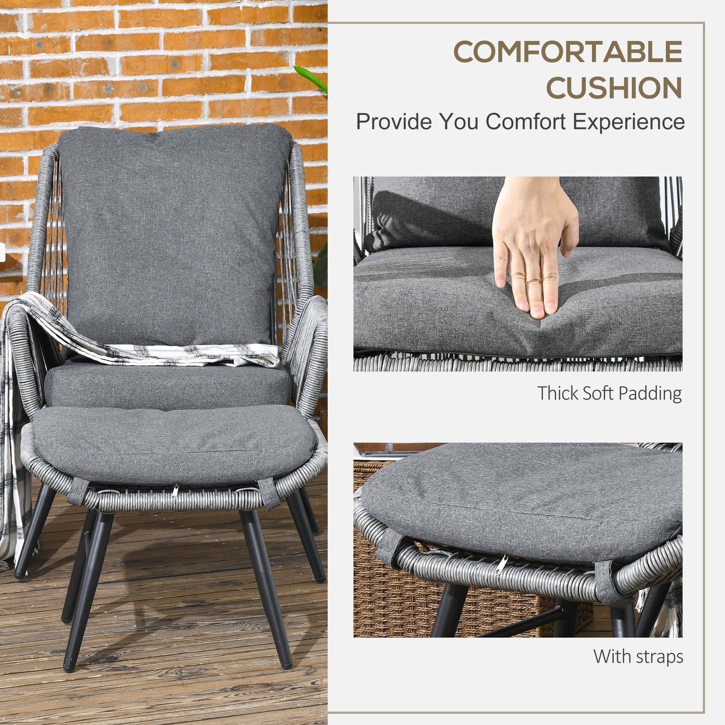 String Rattan Armchair and Footstool Set, with Cushions