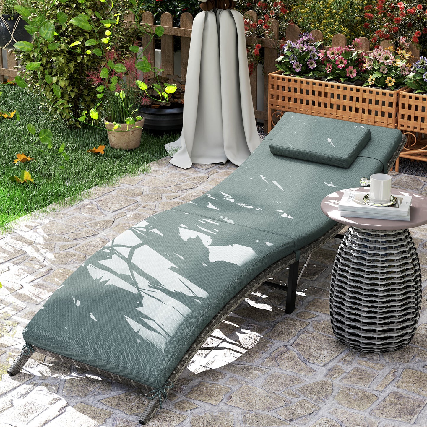 Rattan Folding Sun Lounger Outdoor Chair with Cushion and Pillow